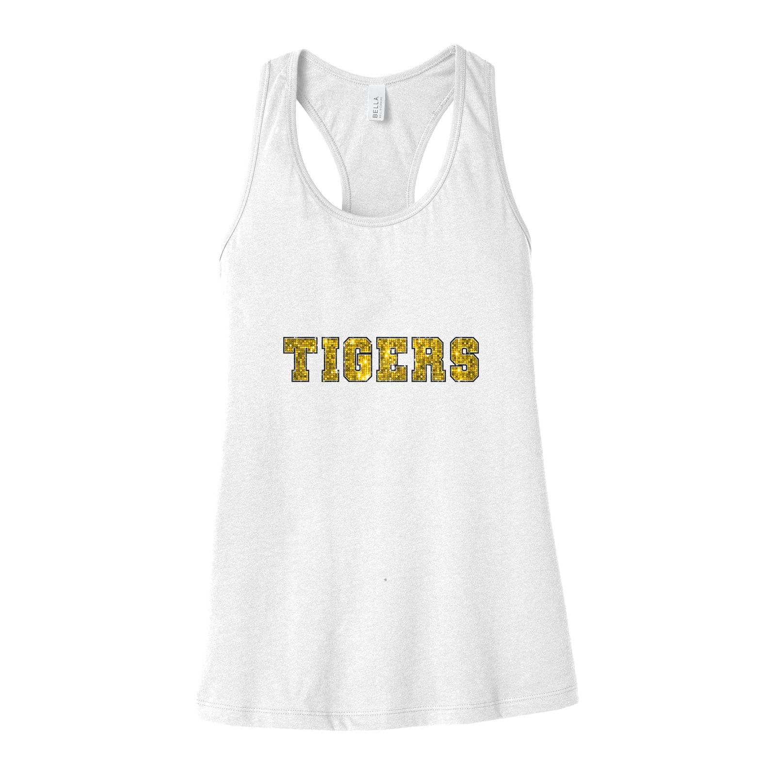 Tigers sequin sleeve gold black Bella+Canvas 6008 Racerback Tank