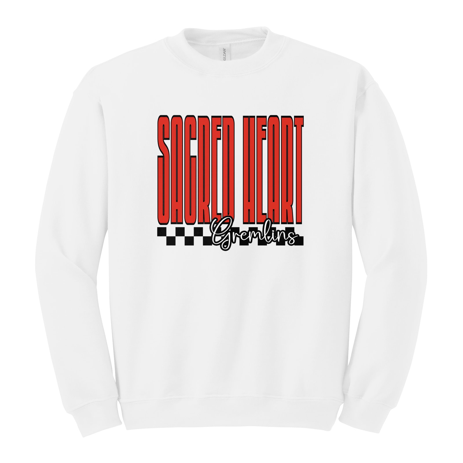 Sacred Heart tall with checkers blue Gildan 18000 Fleece