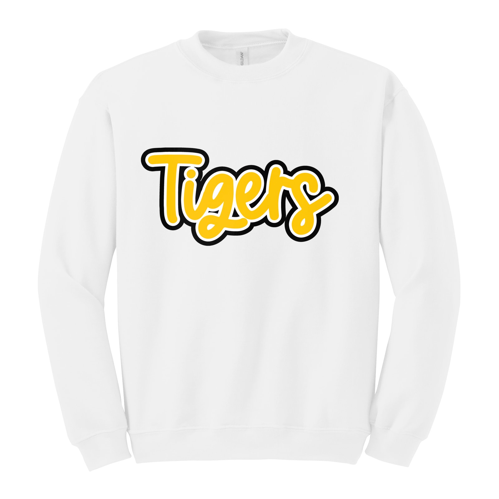 smith-cotton Tigers Thick Script Gold White Black Gildan Heavy Blend Crewneck Sweatshirt. 18000