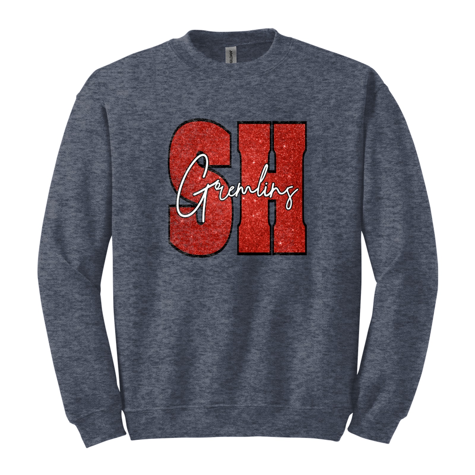 SH gremlins red glitter white script Gildan 18000 Fleece