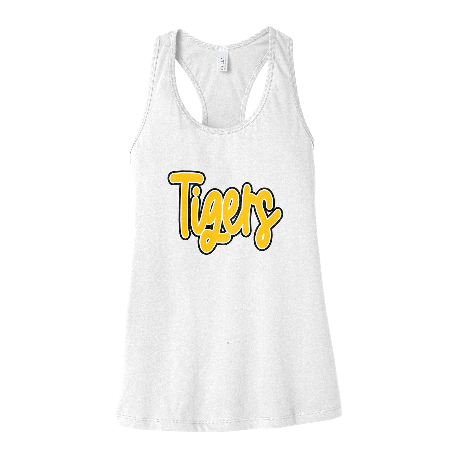 Tigers thick script gold white black Bella+Canvas 6008 Racerback Tank