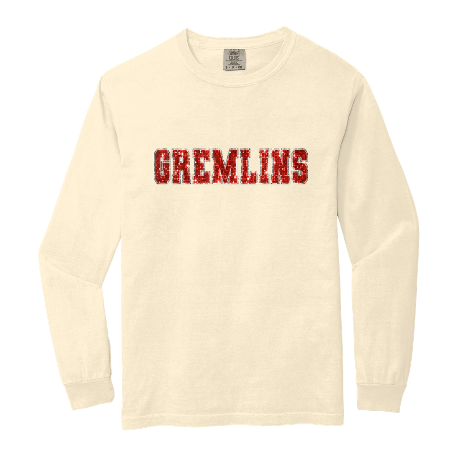 Gremlins sequin sleeve red silver Comfort Colors 6014 Long Sleeve