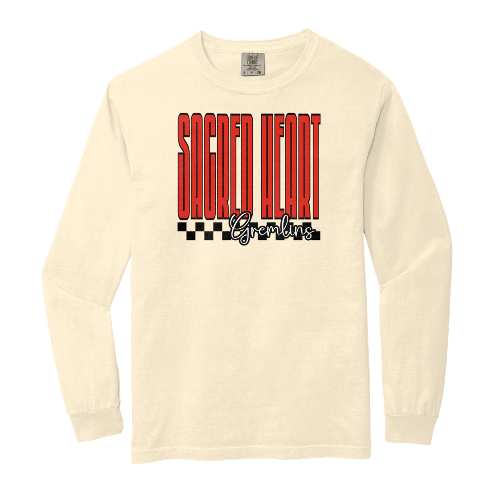 Sacred Heart tall with checkers blue Comfort Colors 6014 Long Sleeve