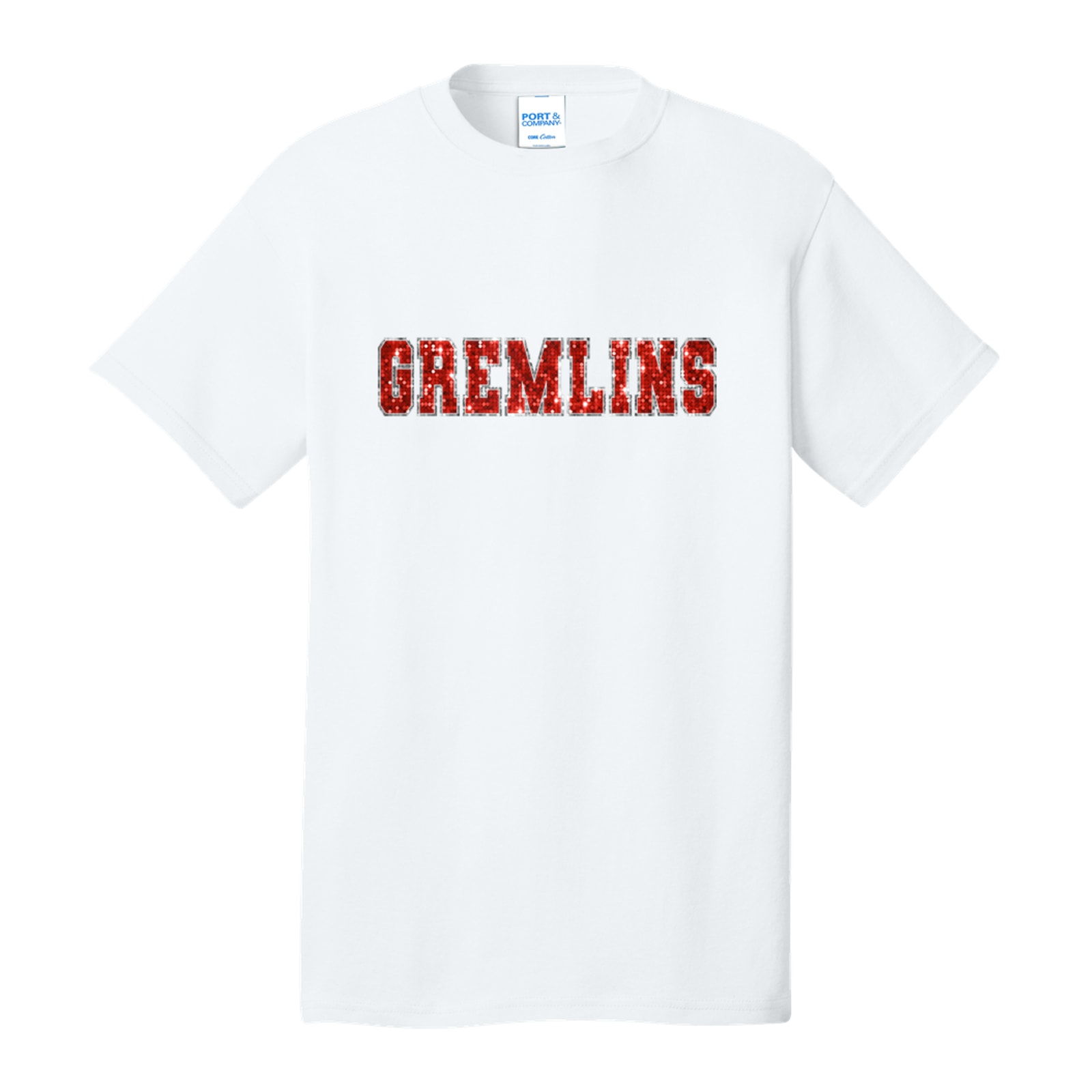 Gremlins sequin sleeve red silver Port & Company PC54