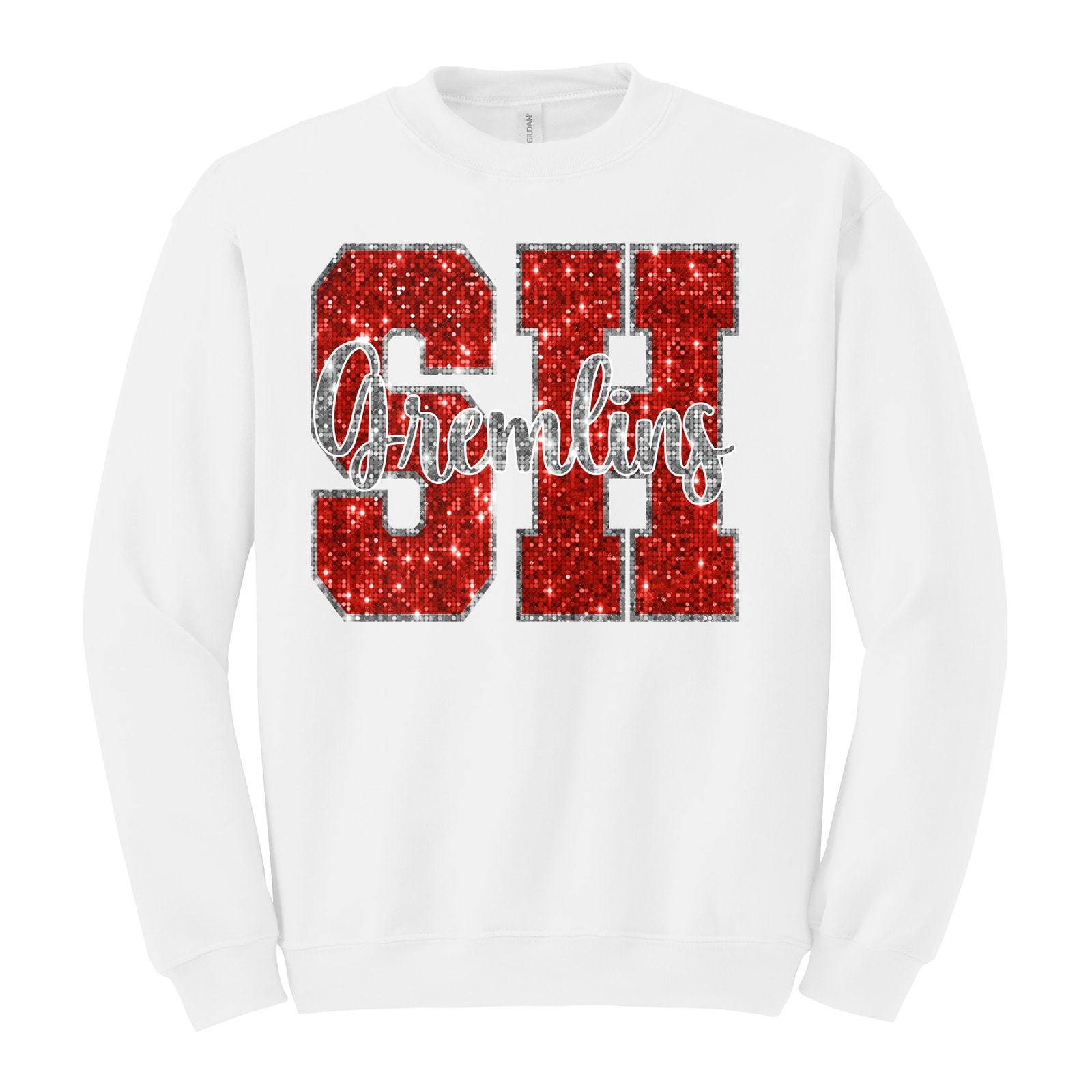 sacred-heart SH gremlins sequin red silver Gildan Heavy Blend Crewneck Sweatshirt. 18000