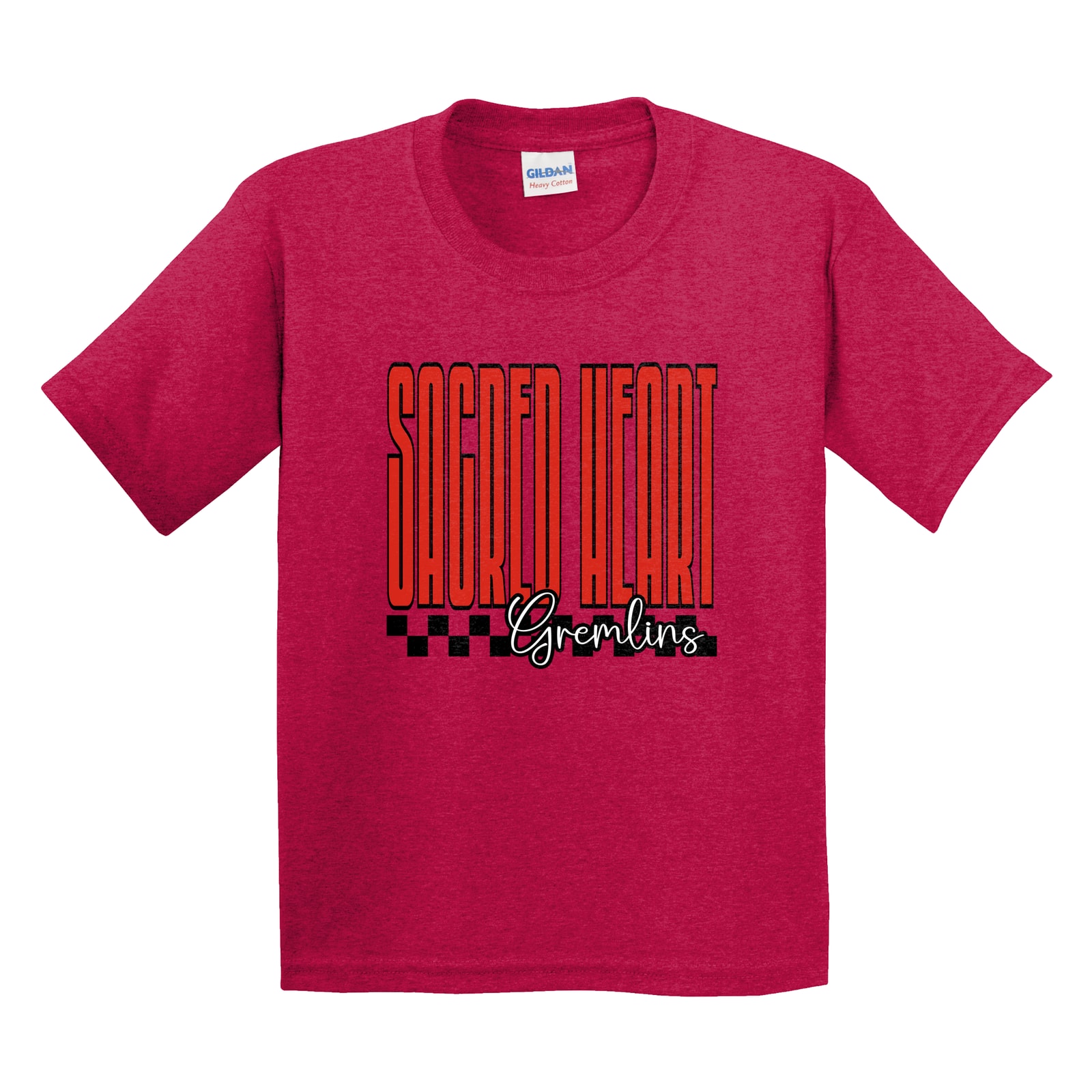 Sacred Heart tall with checkers blue Gildan 5000B Youth Tee