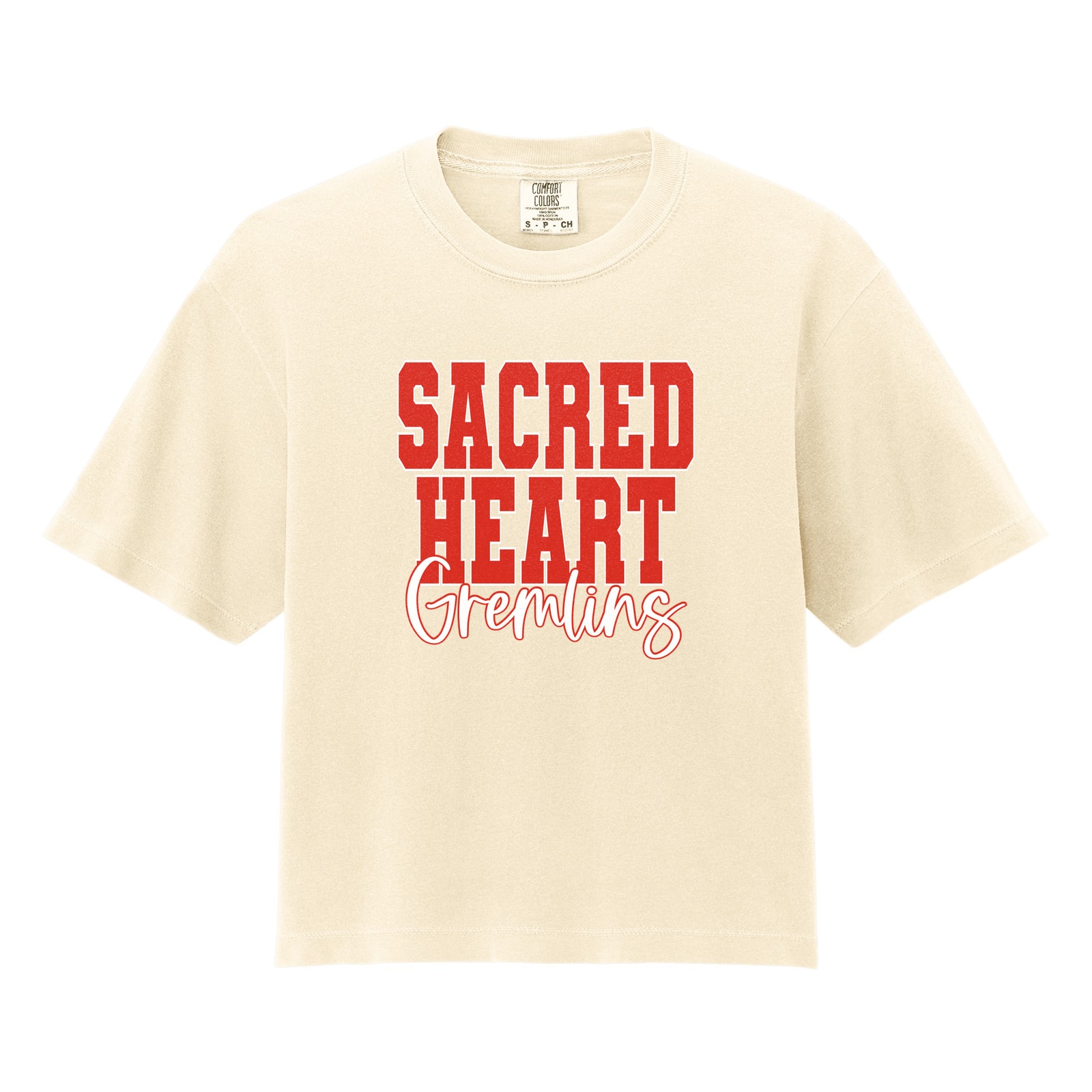 Sacred heart gremlins red white duo block script Comfort Colors 3023CL Cropped Tee