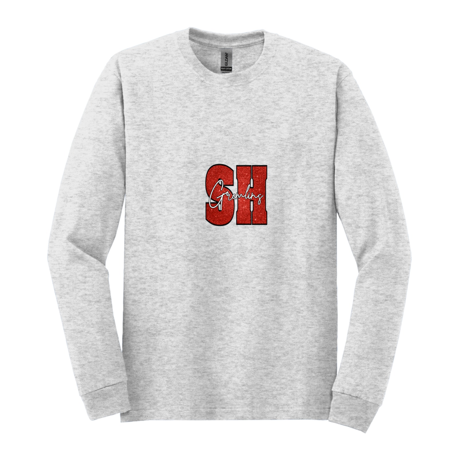 sacred-heart SH gremlins red glitter white script Gildan - Heavy Cotton 100% Cotton Long Sleeve T-Shirt. 5400