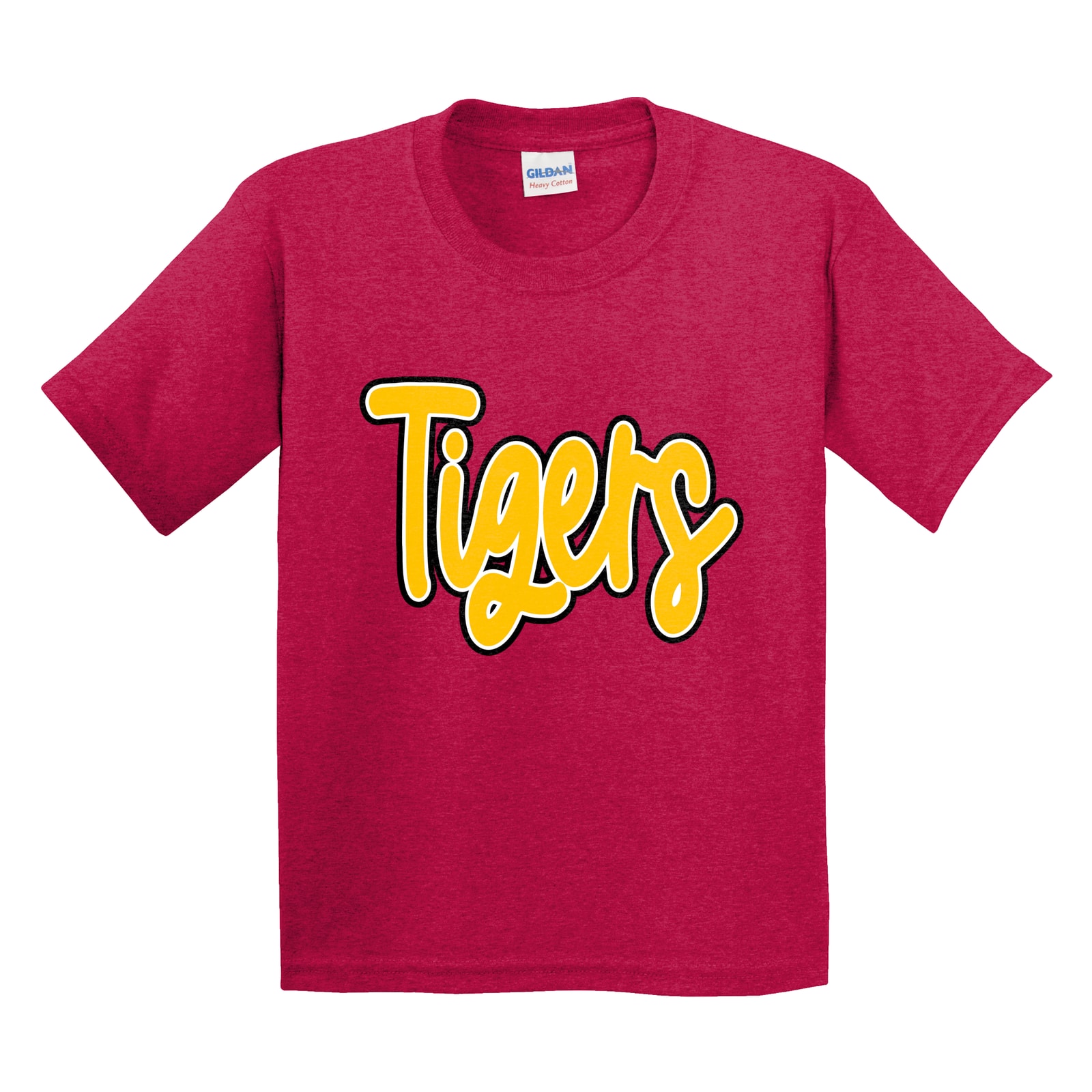 Tigers thick script gold white black Gildan 5000B Youth Tee