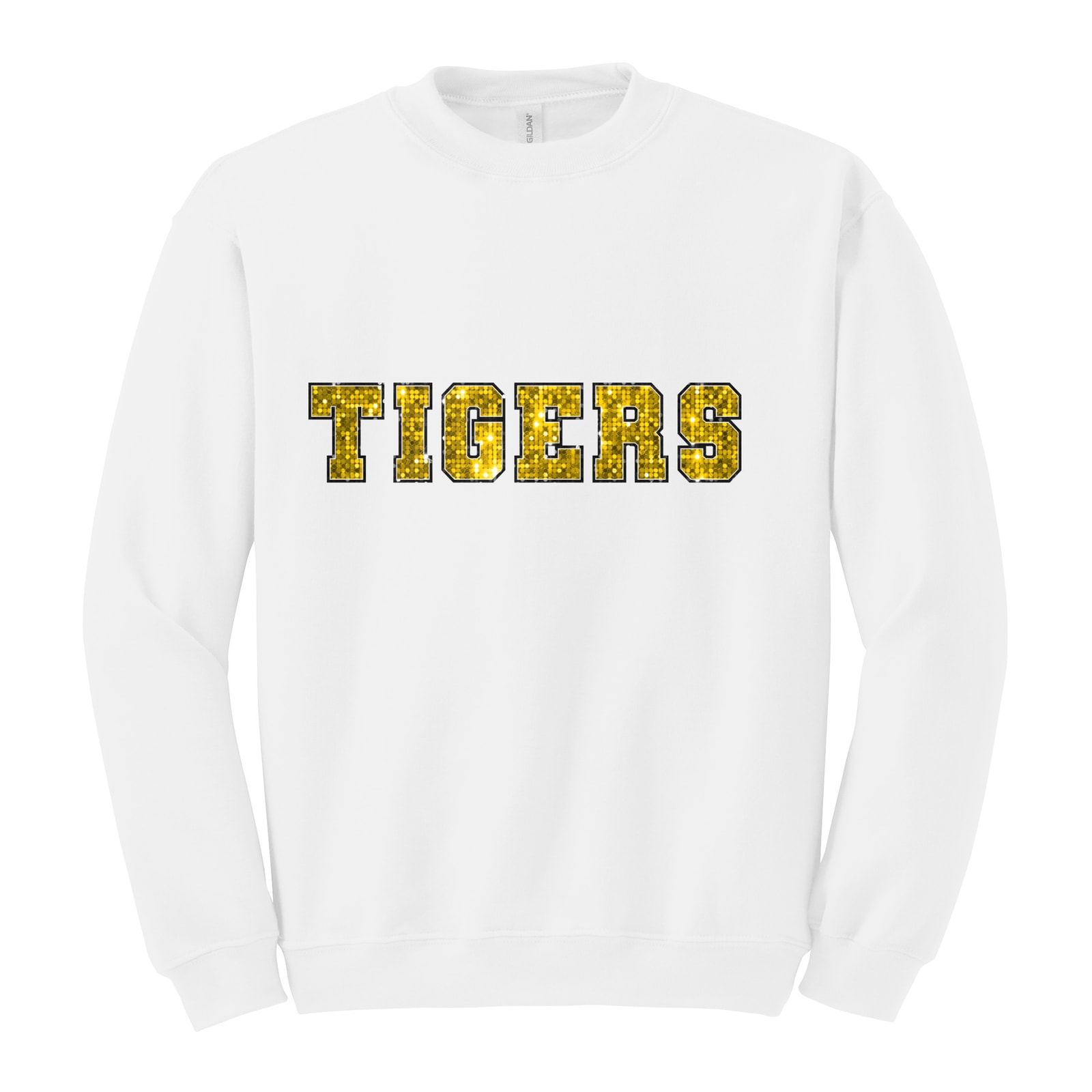 smith-cotton Tigers sequin sleeve gold black Gildan Heavy Blend Crewneck Sweatshirt. 18000