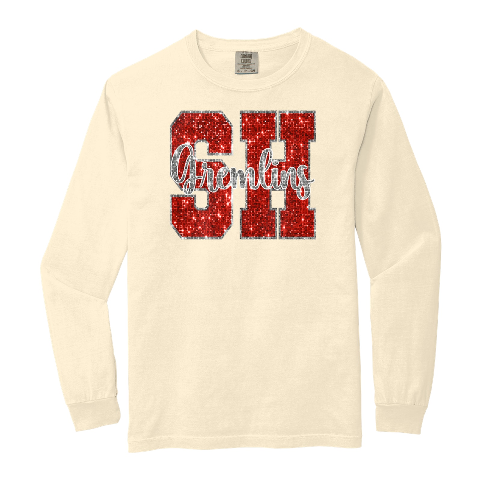 SH gremlins sequin red silver Comfort Colors 6014 Long Sleeve