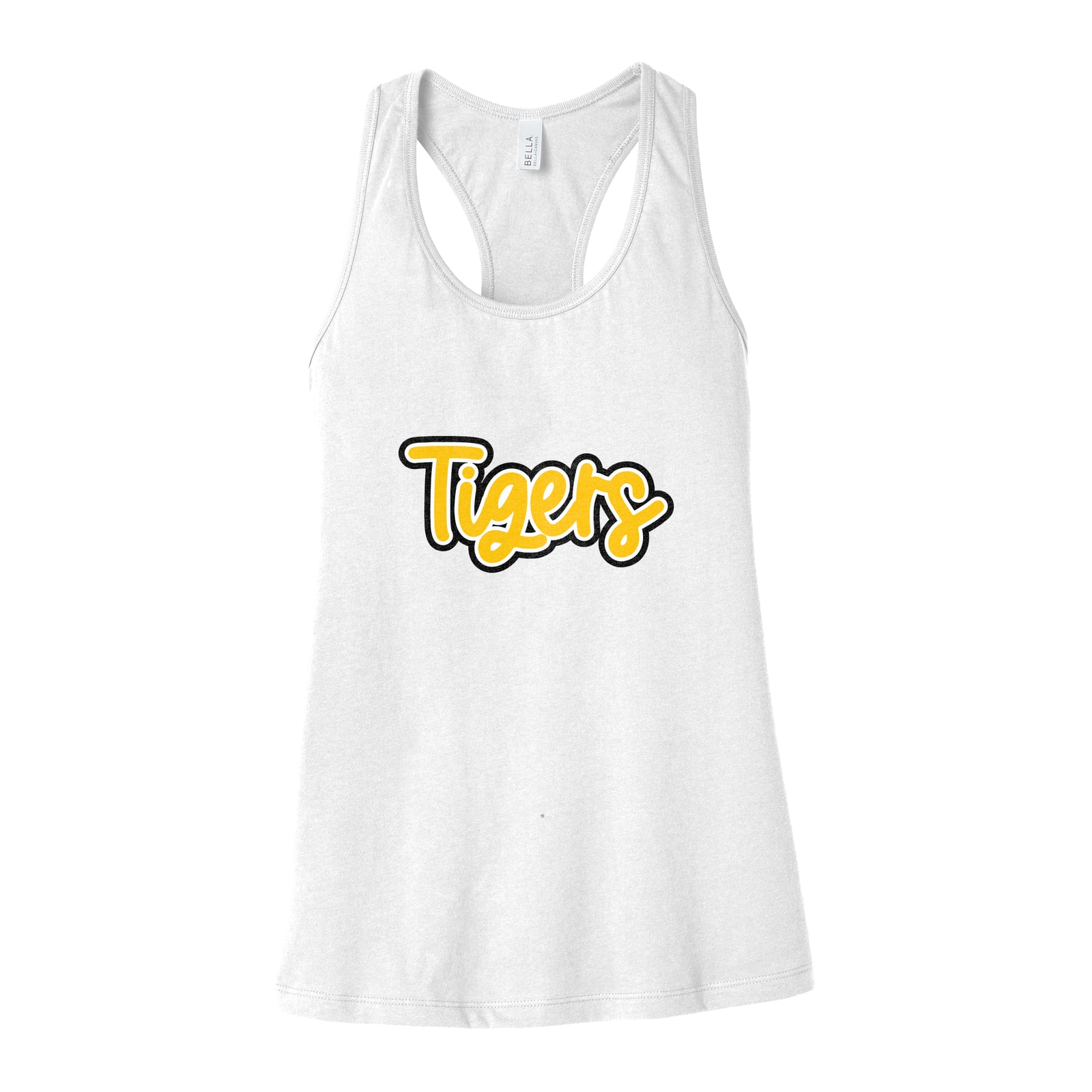 Tigers Thick Script Gold White Black Bella+Canvas 6008 Racerback Tank