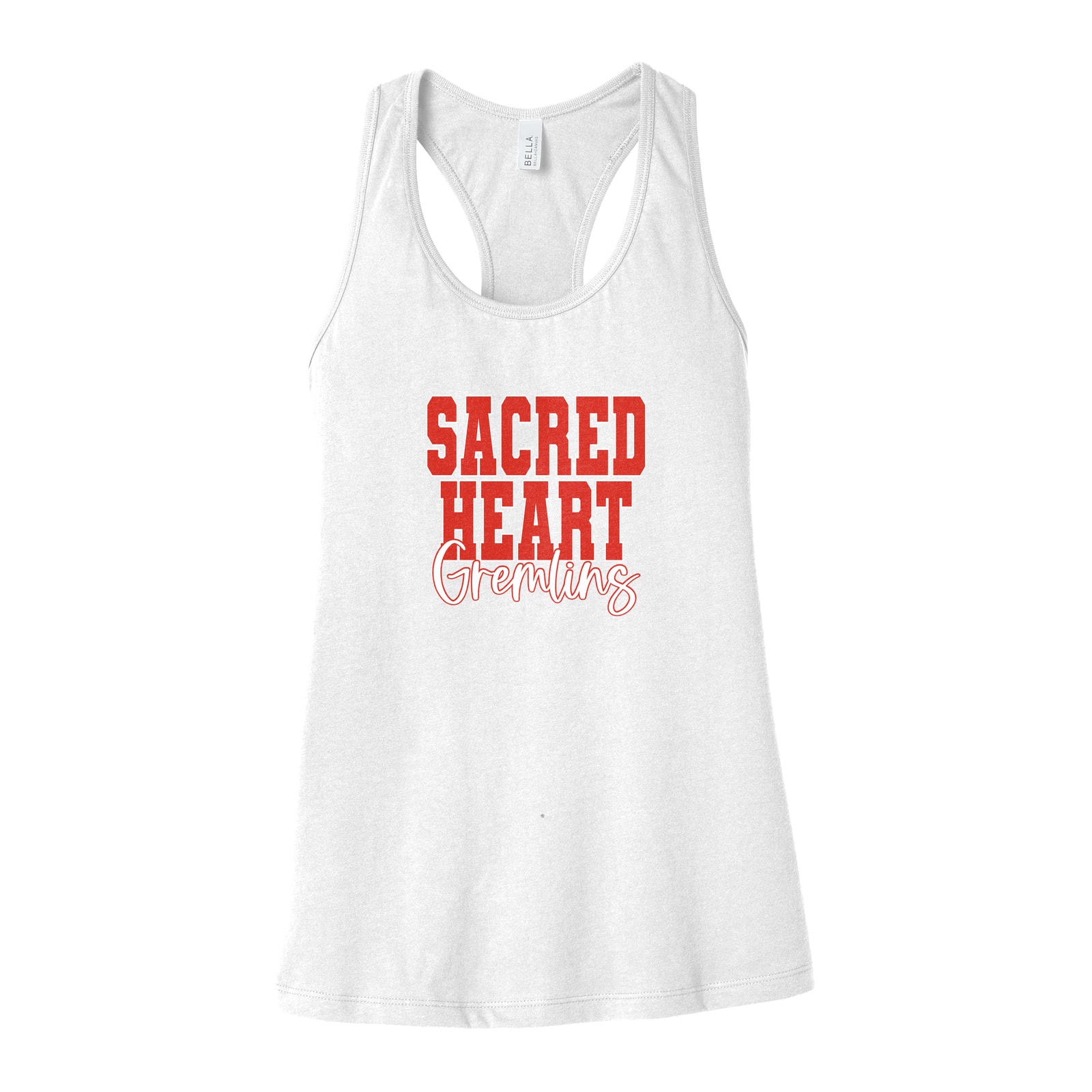 Sacred heart gremlins red white duo block script Bella+Canvas 6008 Racerback Tank