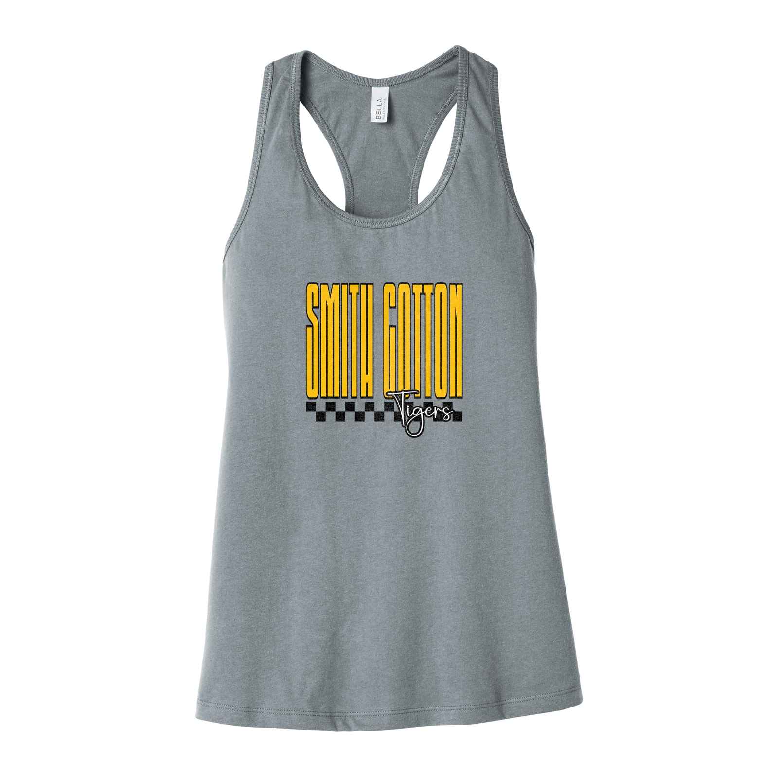Smith Cotton Tigers tall with checkers gold white black Bella+Canvas 6008 Racerback Tank