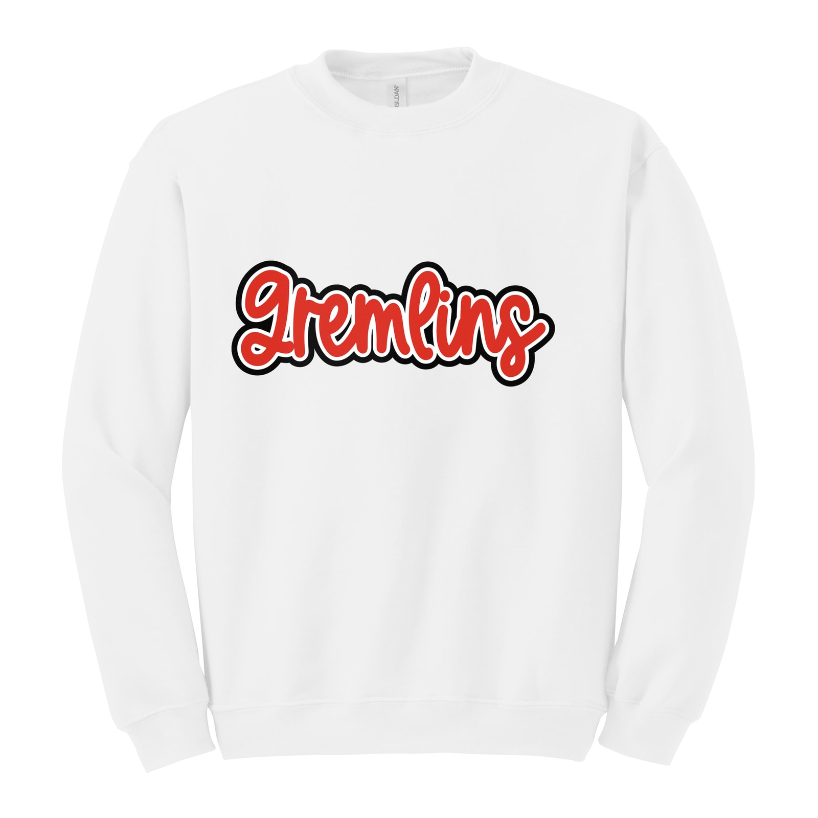 sacred-heart Gremlins Thick Script Red White Black Gildan Heavy Blend Crewneck Sweatshirt. 18000
