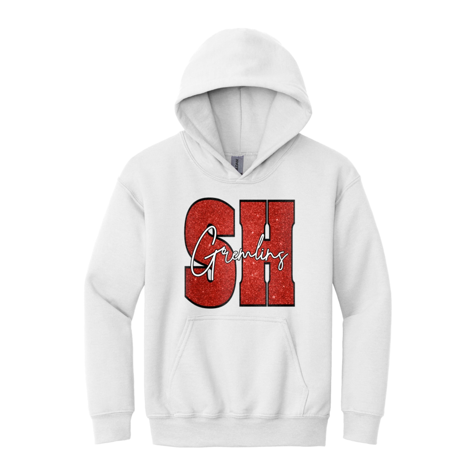 sacred-heart SH gremlins red glitter white script Gildan - Youth Heavy Blend Hooded Sweatshirt. 18500B