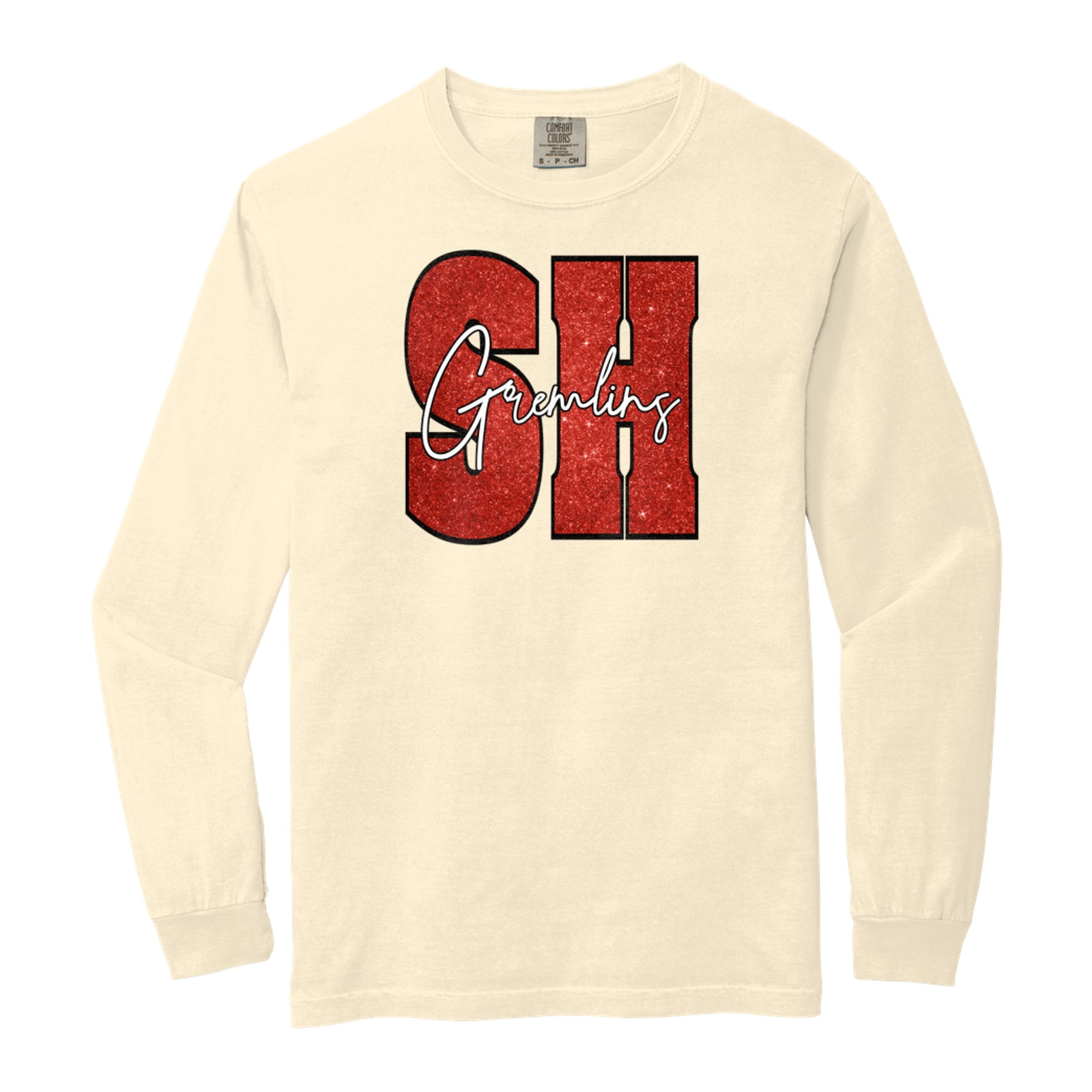 SH gremlins red glitter white script Comfort Colors 6014 Long Sleeve