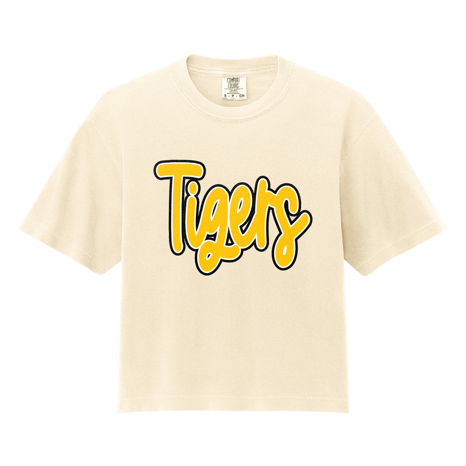 Tigers thick script gold white black Comfort Colors 3023CL Cropped Tee