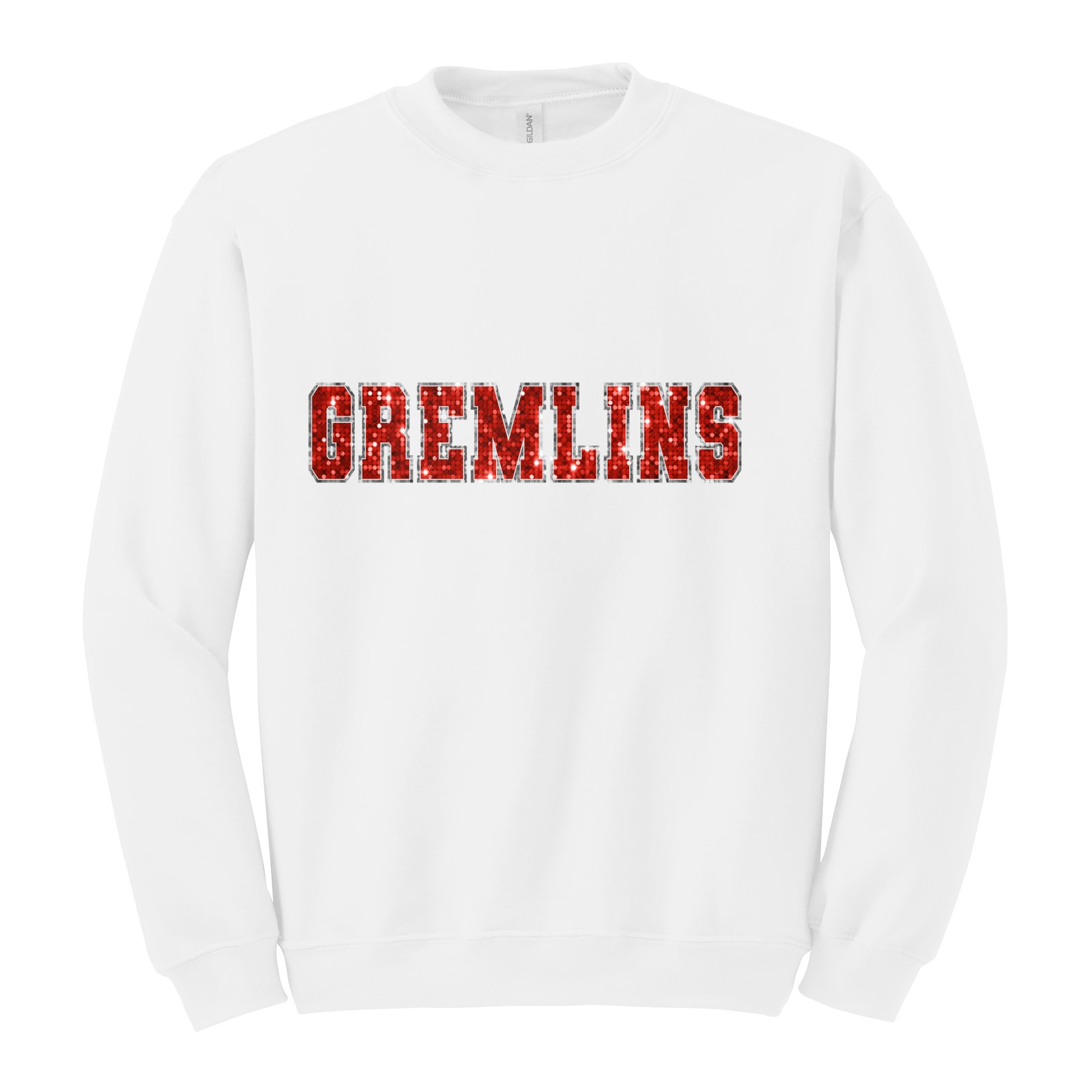 sacred-heart Gremlins sequin sleeve red silver Gildan Heavy Blend Crewneck Sweatshirt. 18000