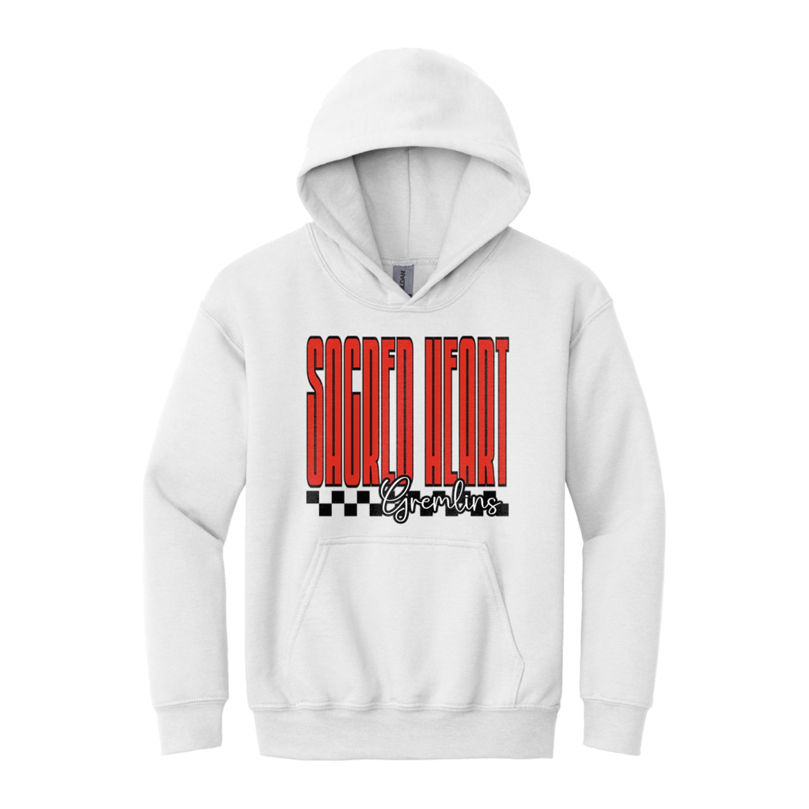 sacred-heart Sacred Heart tall with checkers blue Gildan - Youth Heavy Blend Hooded Sweatshirt. 18500B