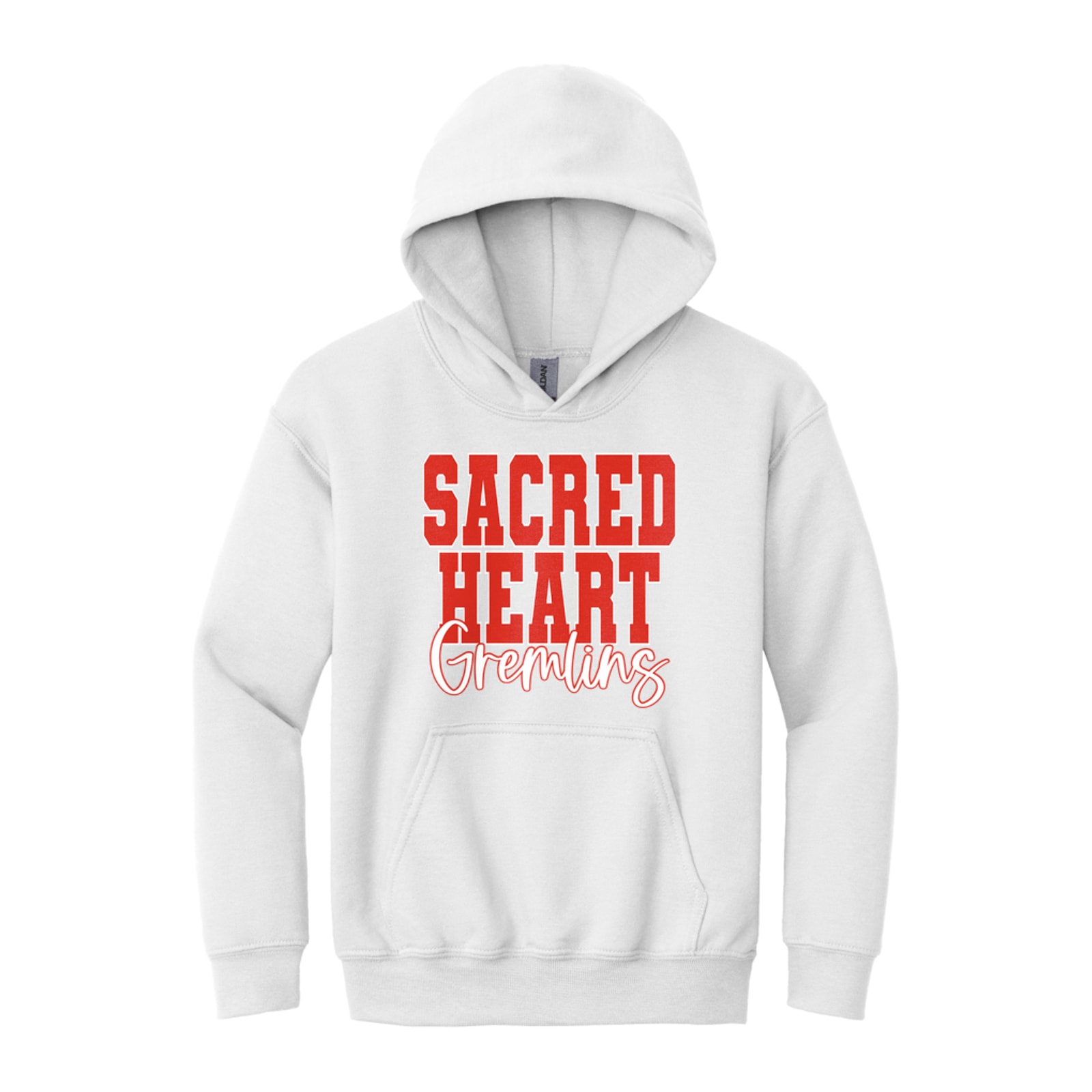 sacred-heart Sacred heart gremlins red white duo block script Gildan - Youth Heavy Blend Hooded Sweatshirt. 18500B