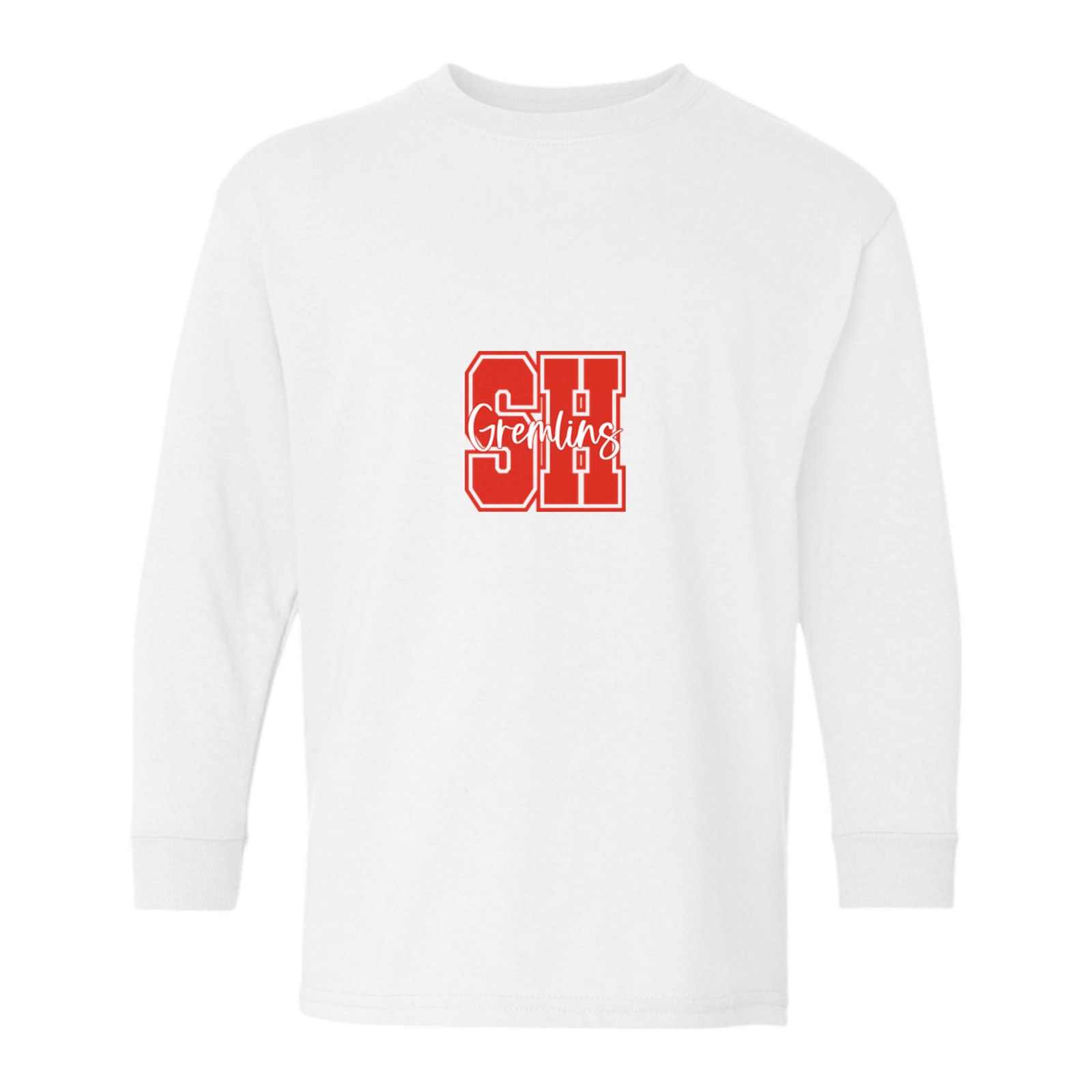 sacred-heart SH Gremlins red white square block Gildan Youth Heavy Cotton 100% Cotton Long Sleeve T-Shirt. 5400B