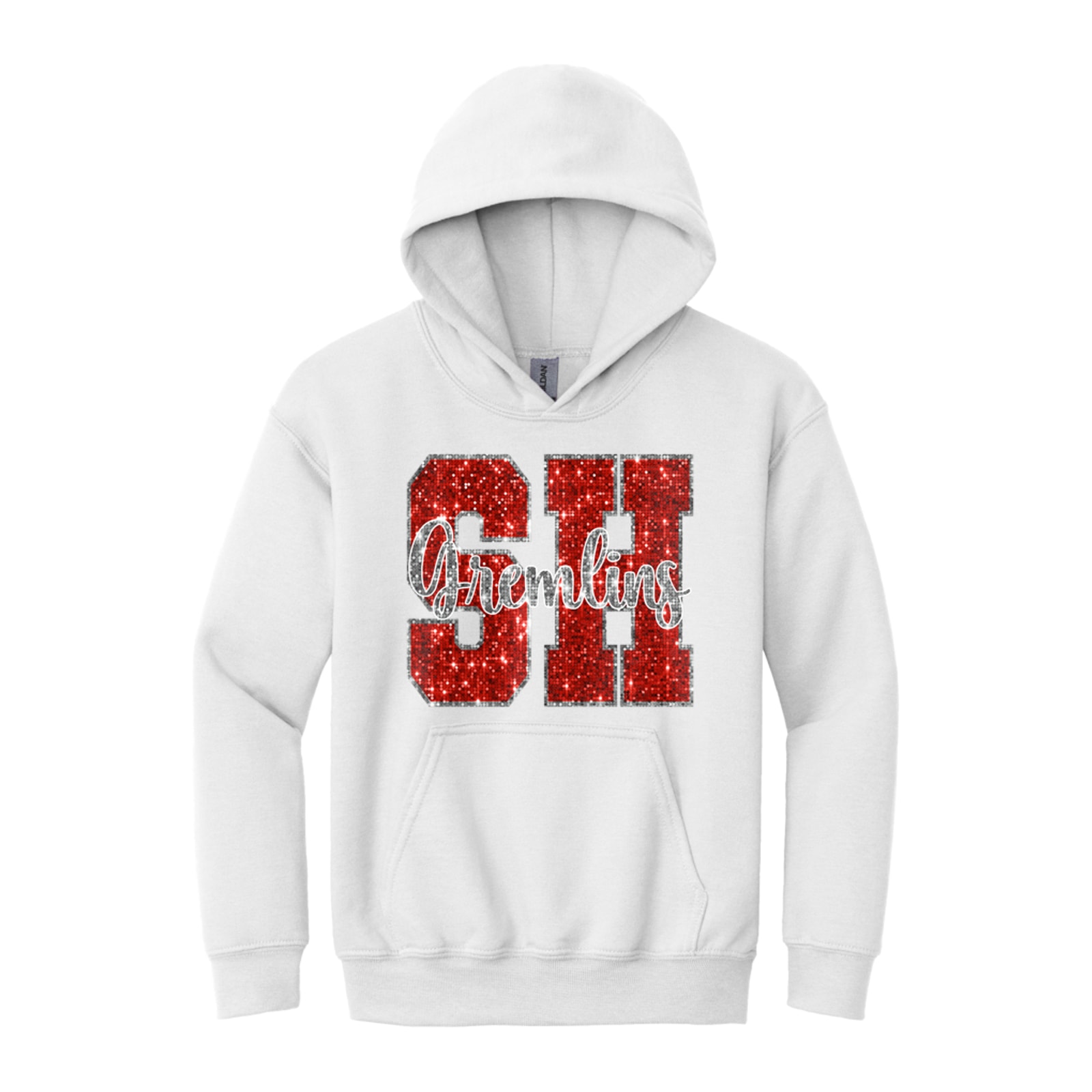 sacred-heart SH gremlins sequin red silver Gildan - Youth Heavy Blend Hooded Sweatshirt. 18500B
