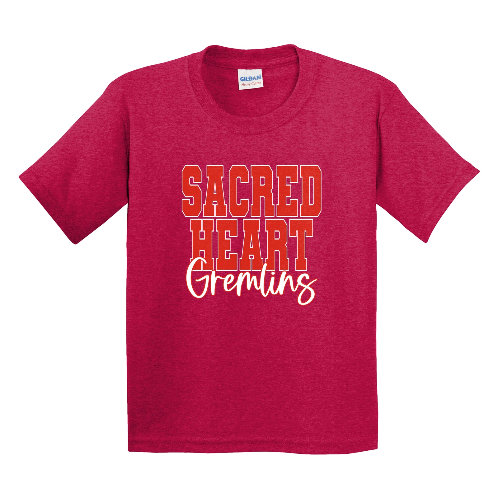 Sacred heart gremlins red white duo block script Gildan 5000B Youth Tee