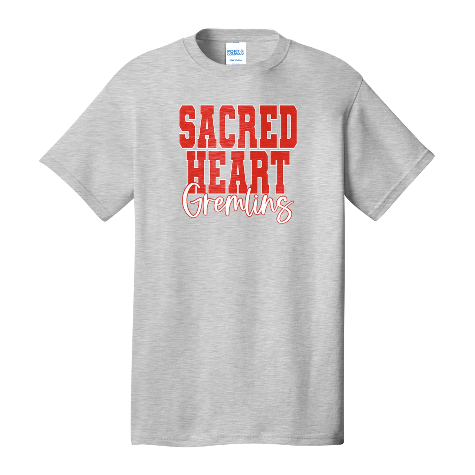 Sacred heart gremlins red white duo block script Port & Company PC54