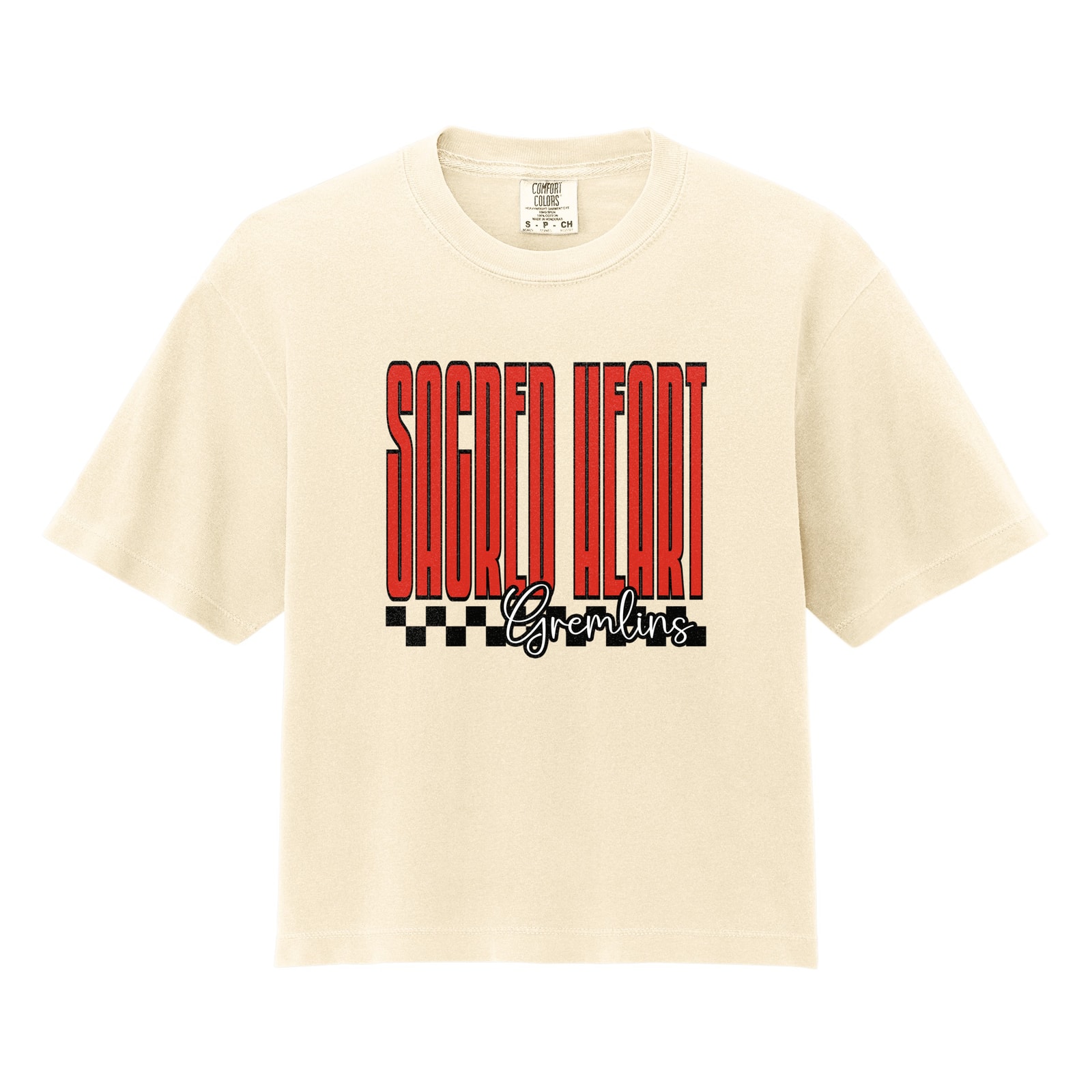 Sacred Heart tall with checkers blue Comfort Colors 3023CL Cropped Tee