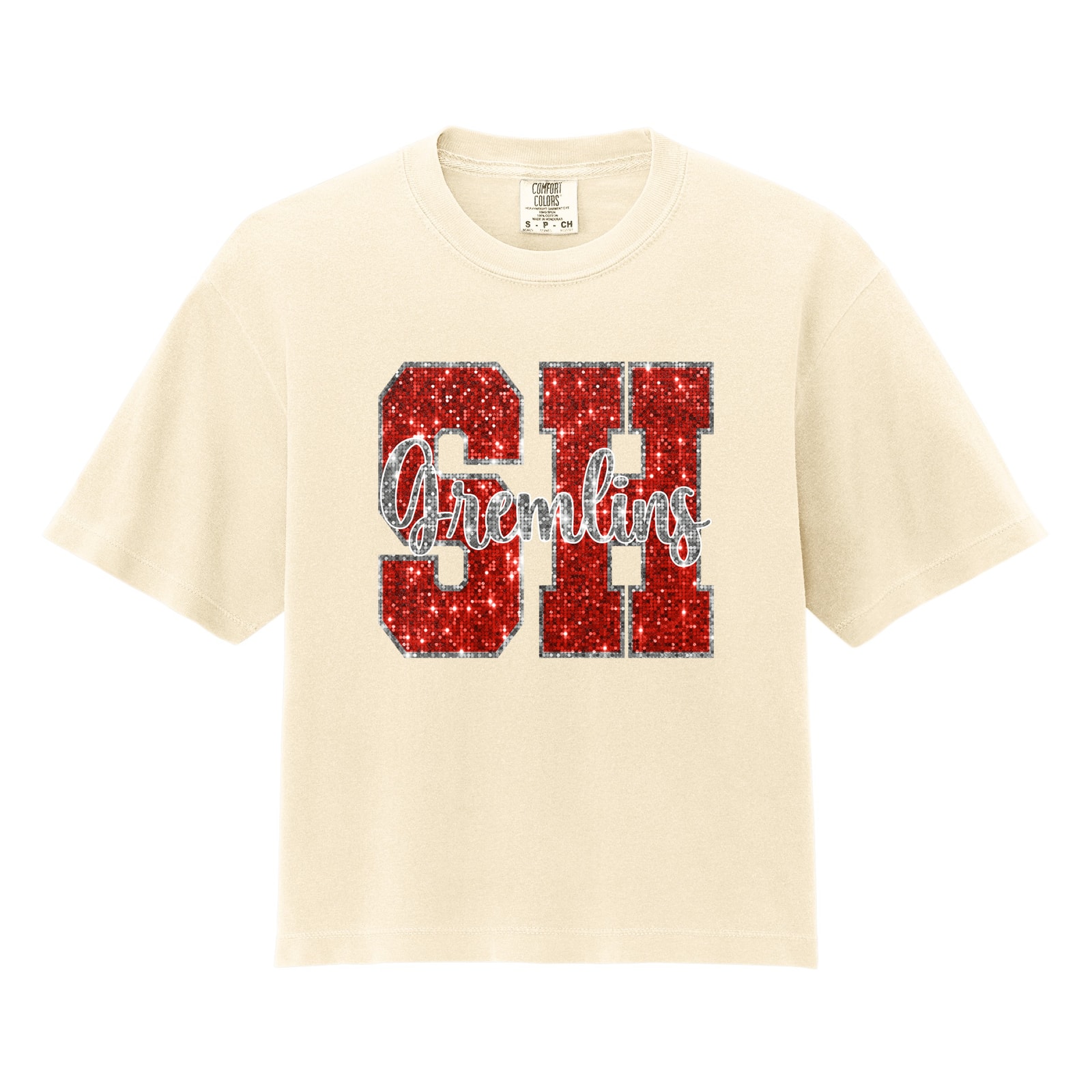 SH gremlins sequin red silver Comfort Colors 3023CL Cropped Tee