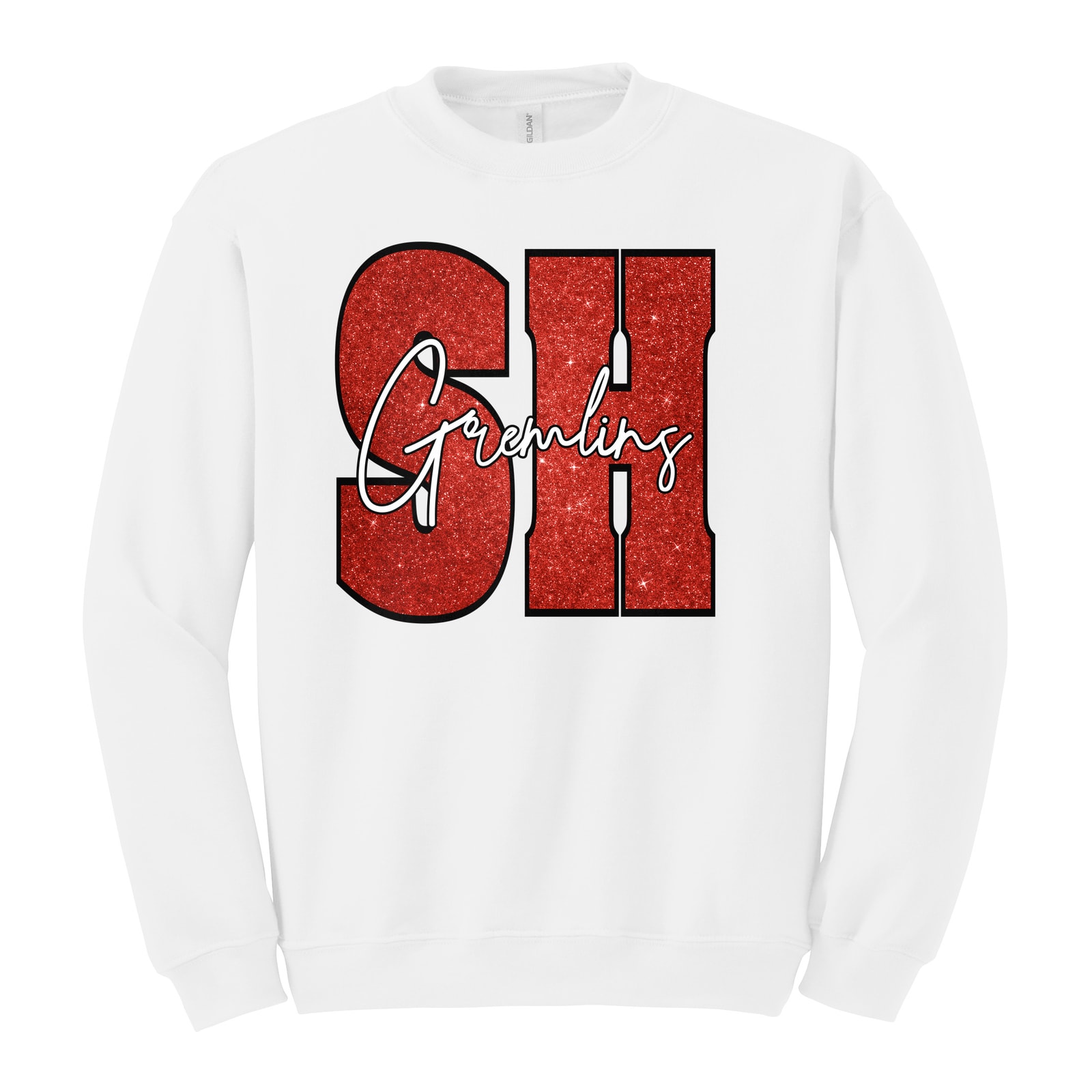 sacred-heart SH gremlins red glitter white script Gildan Heavy Blend Crewneck Sweatshirt. 18000