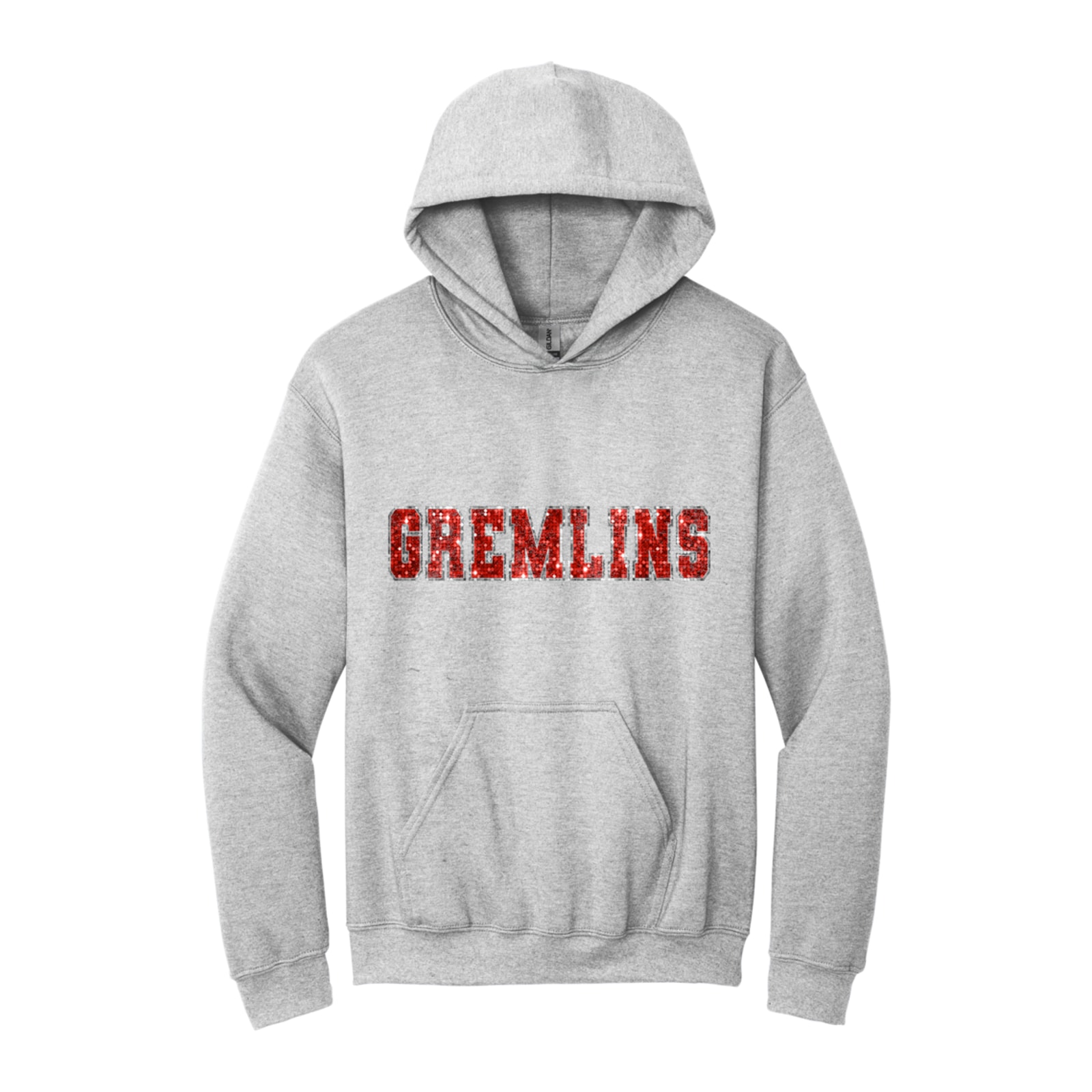 sacred-heart Gremlins sequin sleeve red silver Gildan - Heavy Blend Hooded Sweatshirt. 18500