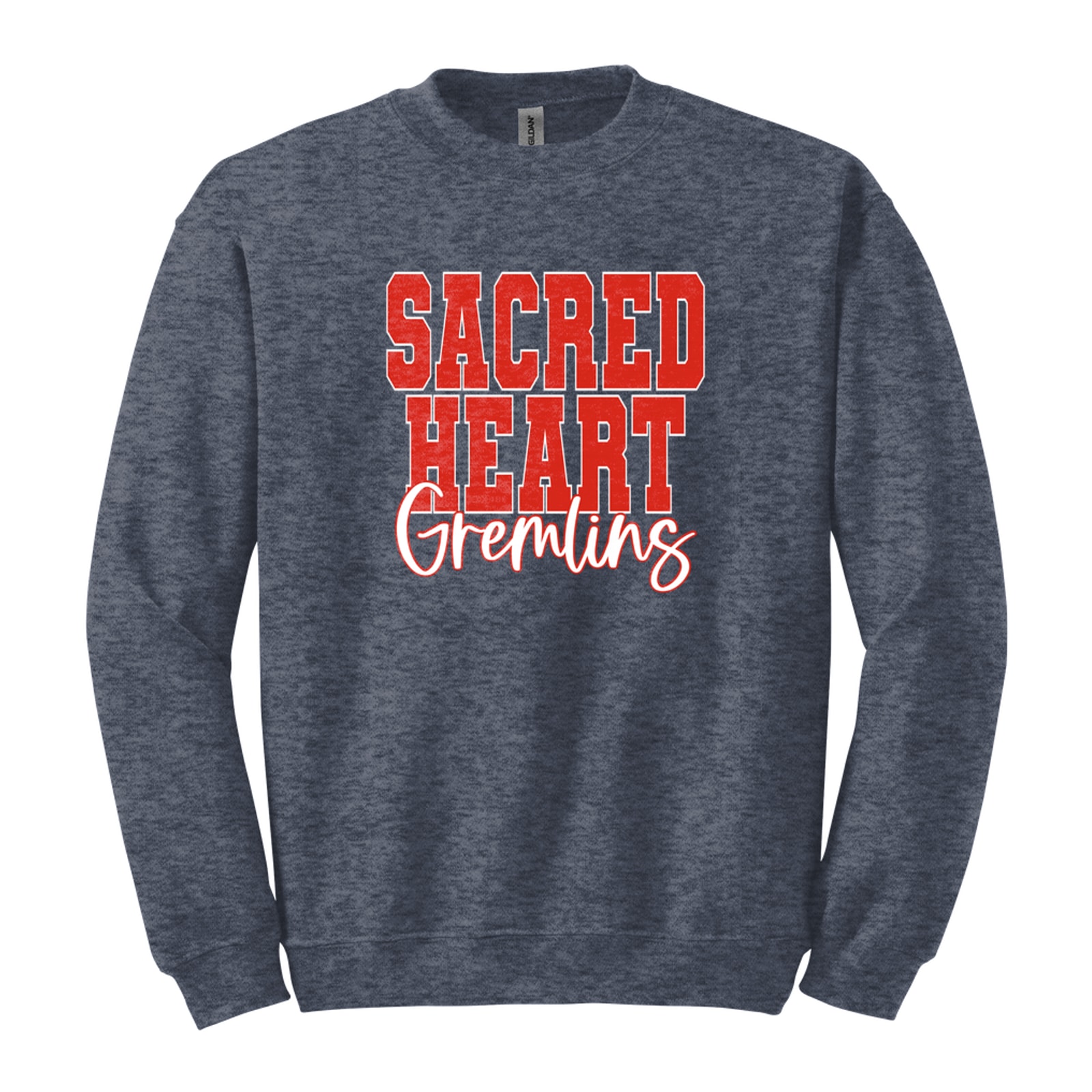 Sacred heart gremlins red white duo block script Gildan 18000 Fleece