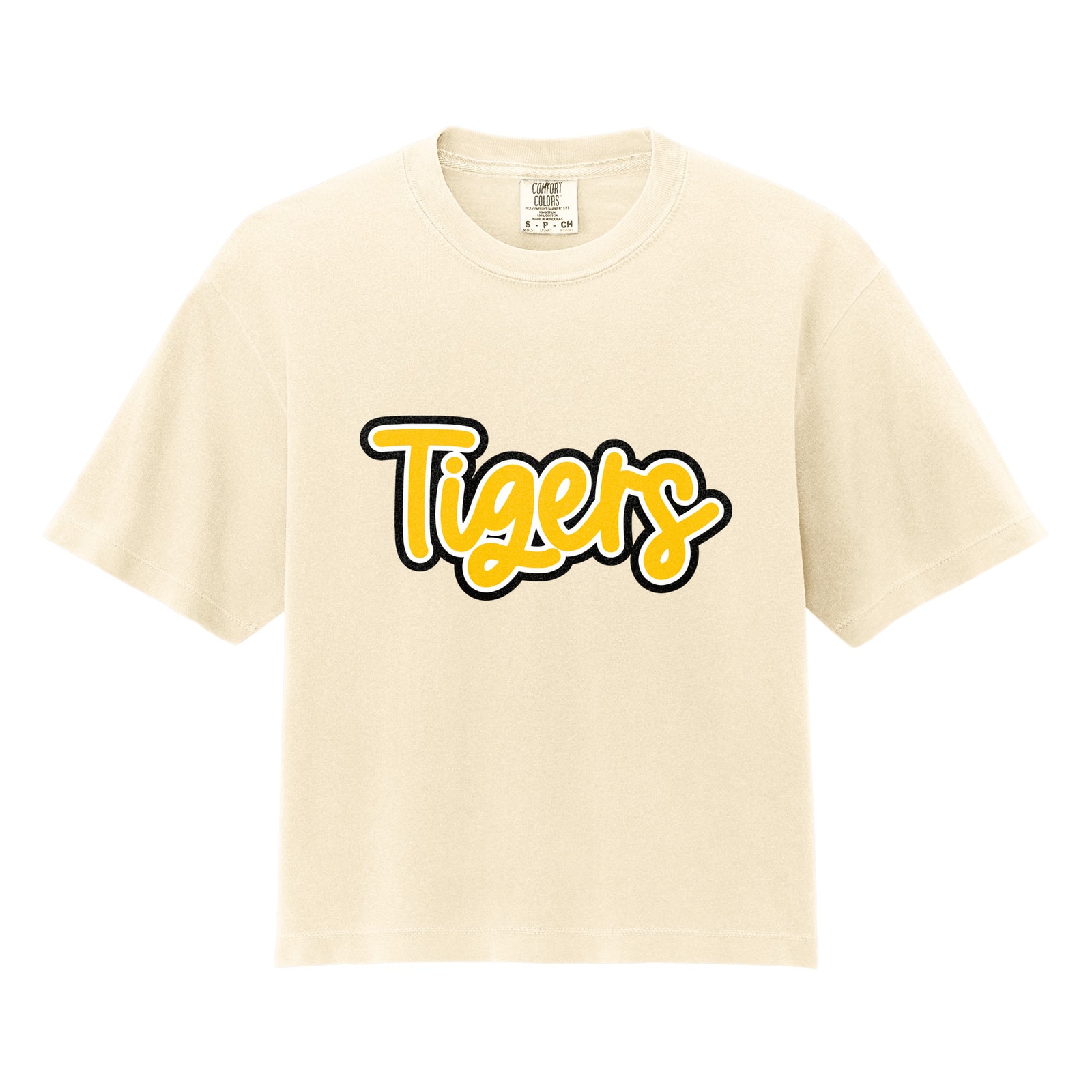 Tigers Thick Script Gold White Black Comfort Colors 3023CL Cropped Tee