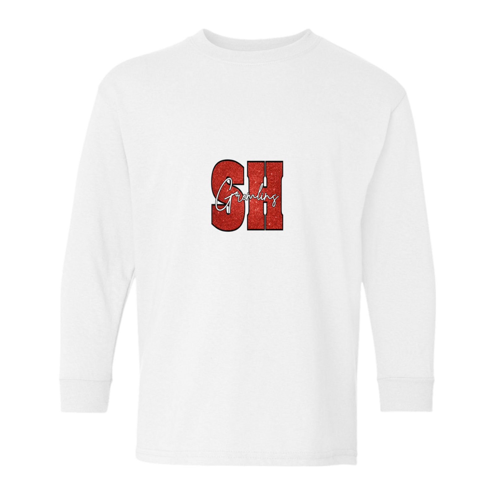 sacred-heart SH gremlins red glitter white script Gildan Youth Heavy Cotton 100% Cotton Long Sleeve T-Shirt. 5400B