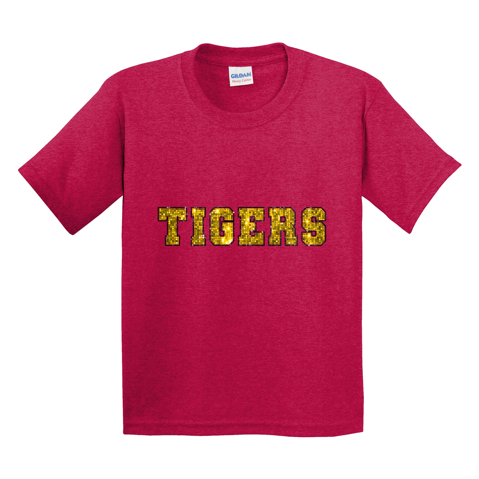 Tigers sequin sleeve gold black Gildan 5000B Youth Tee