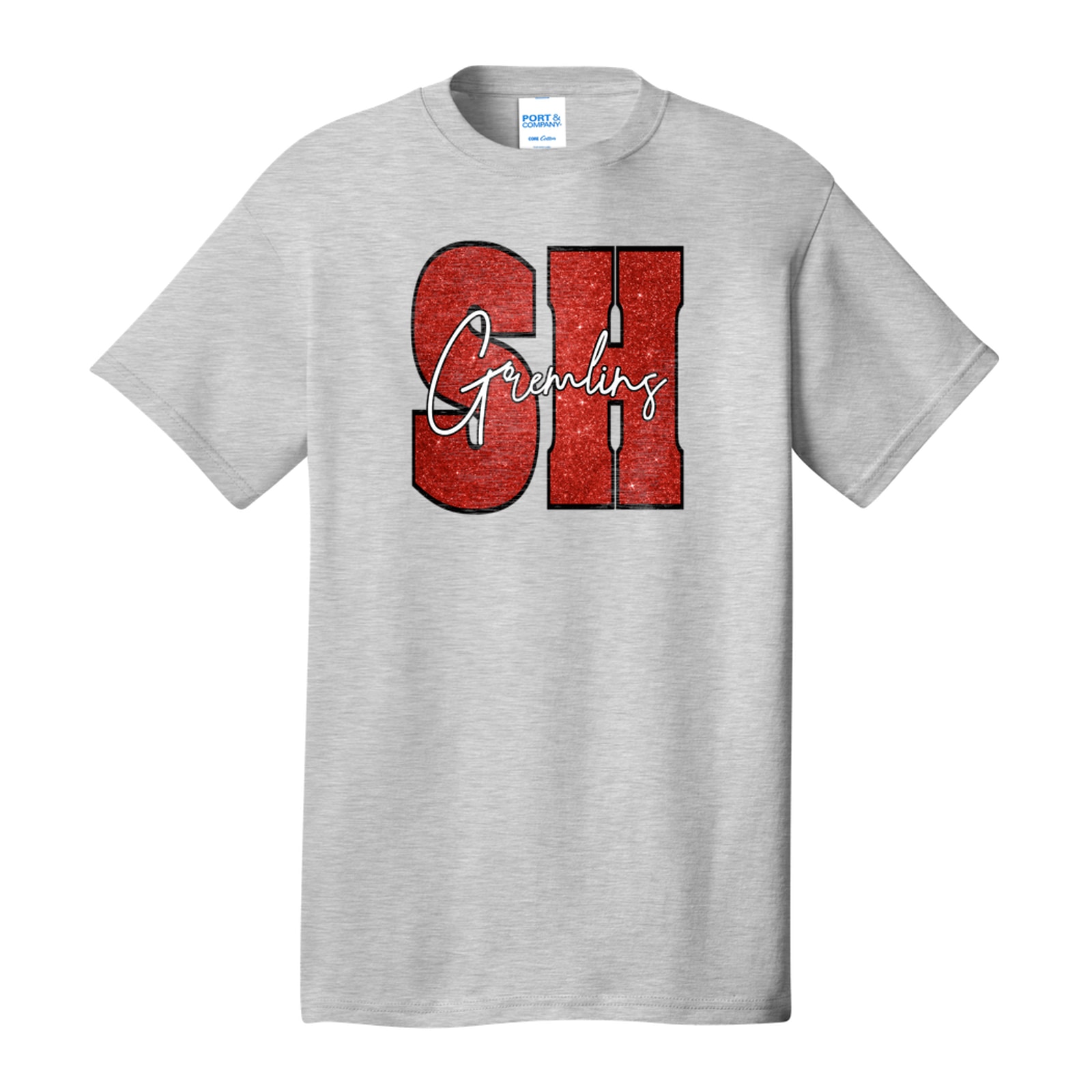 SH gremlins red glitter white script Port & Company PC54