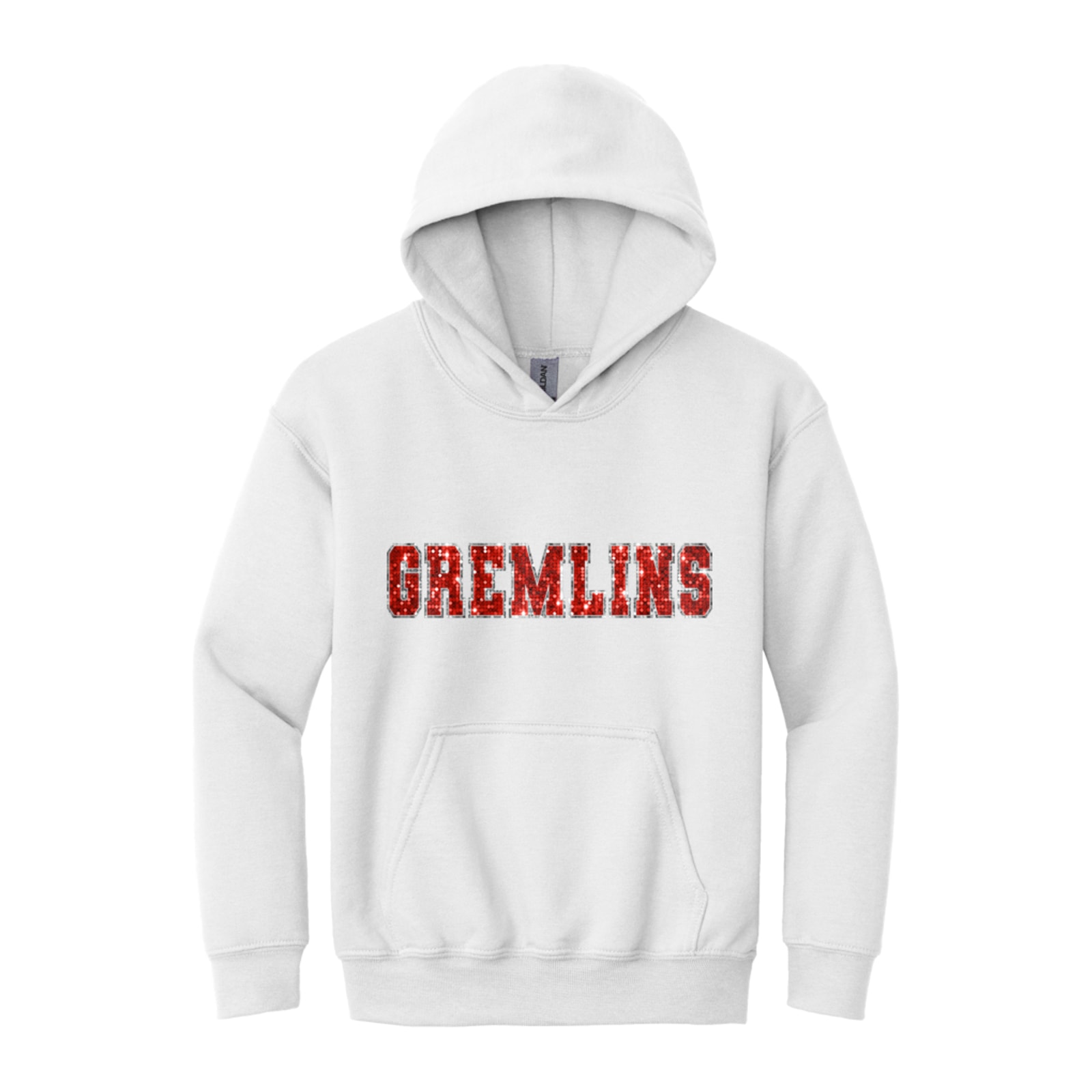 sacred-heart Gremlins sequin sleeve red silver Gildan - Youth Heavy Blend Hooded Sweatshirt. 18500B