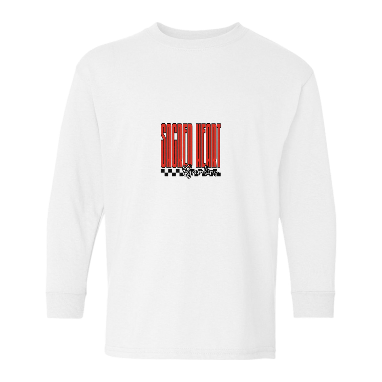 sacred-heart Sacred Heart tall with checkers blue Gildan Youth Heavy Cotton 100% Cotton Long Sleeve T-Shirt. 5400B
