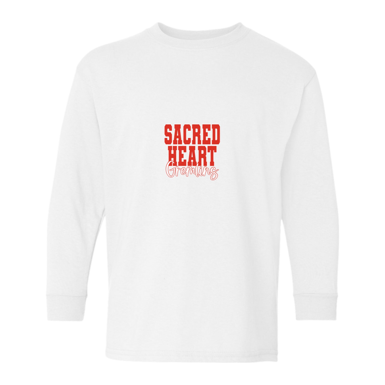 sacred-heart Sacred heart gremlins red white duo block script Gildan Youth Heavy Cotton 100% Cotton Long Sleeve T-Shirt. 5400B