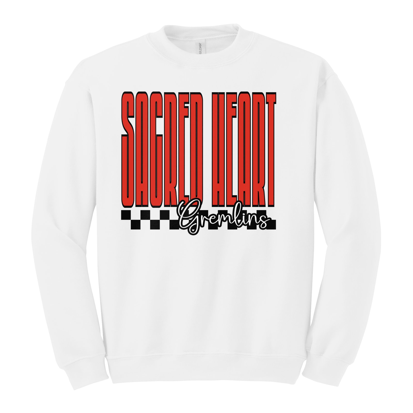 sacred-heart Sacred Heart tall with checkers blue Gildan Heavy Blend Crewneck Sweatshirt. 18000