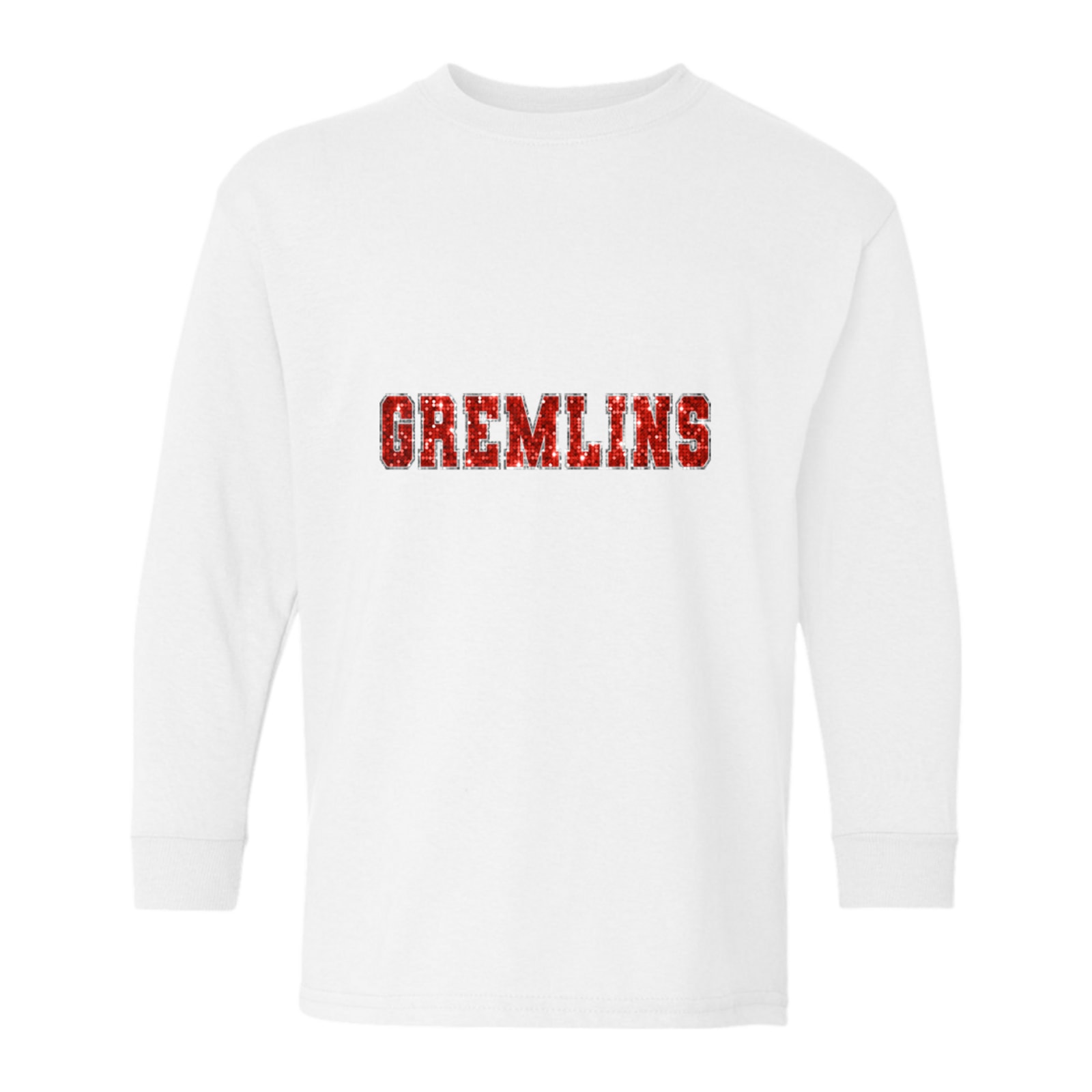 sacred-heart Gremlins sequin sleeve red silver Gildan Youth Heavy Cotton 100% Cotton Long Sleeve T-Shirt. 5400B