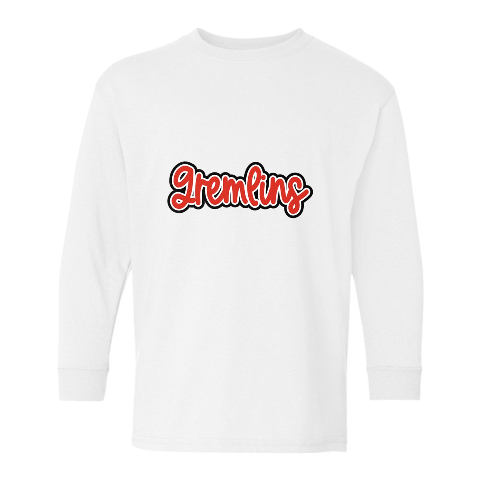 sacred-heart Gremlins Thick Script Red White Black Gildan Youth Heavy Cotton 100% Cotton Long Sleeve T-Shirt. 5400B