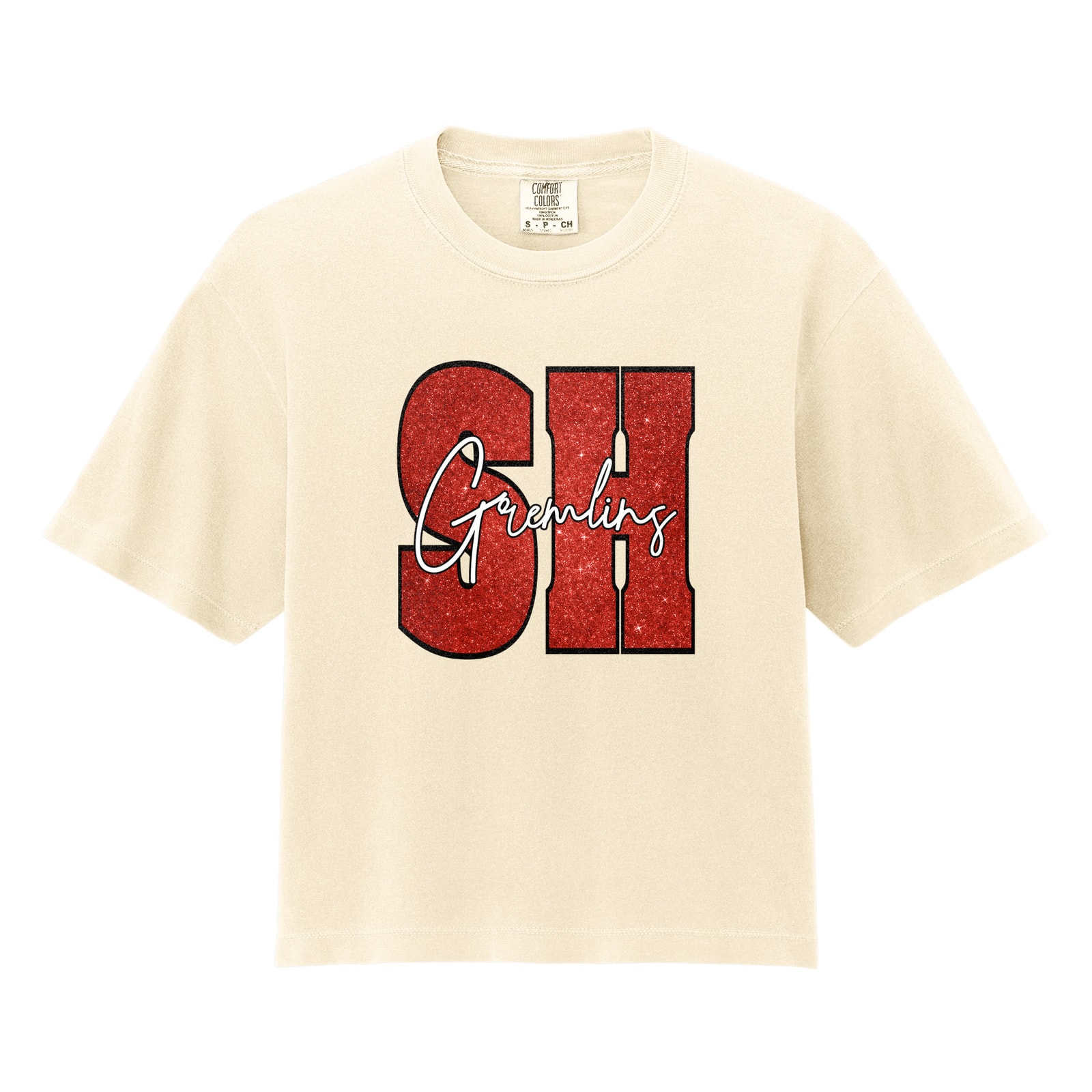 SH gremlins red glitter white script Comfort Colors 3023CL Cropped Tee