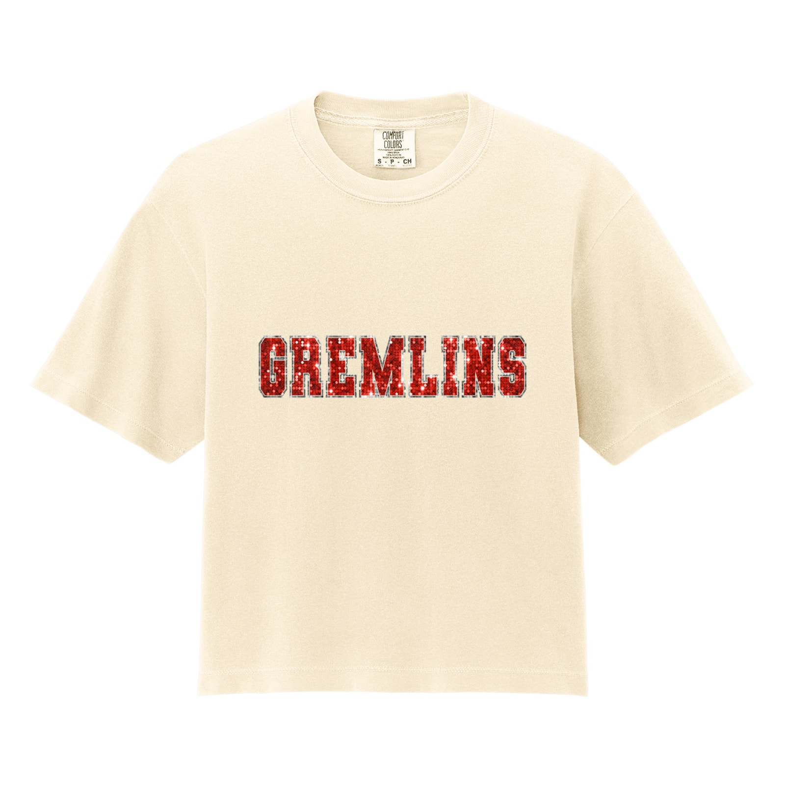 Gremlins sequin sleeve red silver Comfort Colors 3023CL Cropped Tee