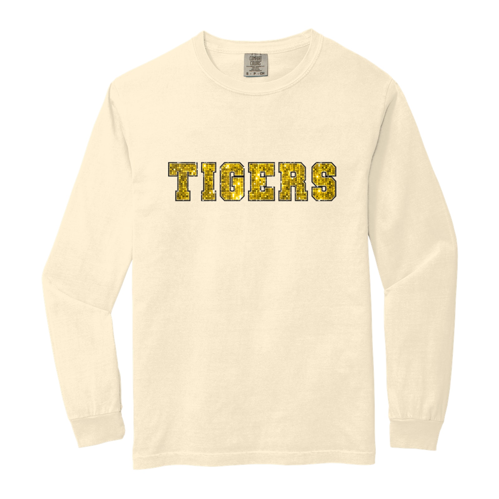 Tigers sequin sleeve gold black Comfort Colors 6014 Long Sleeve