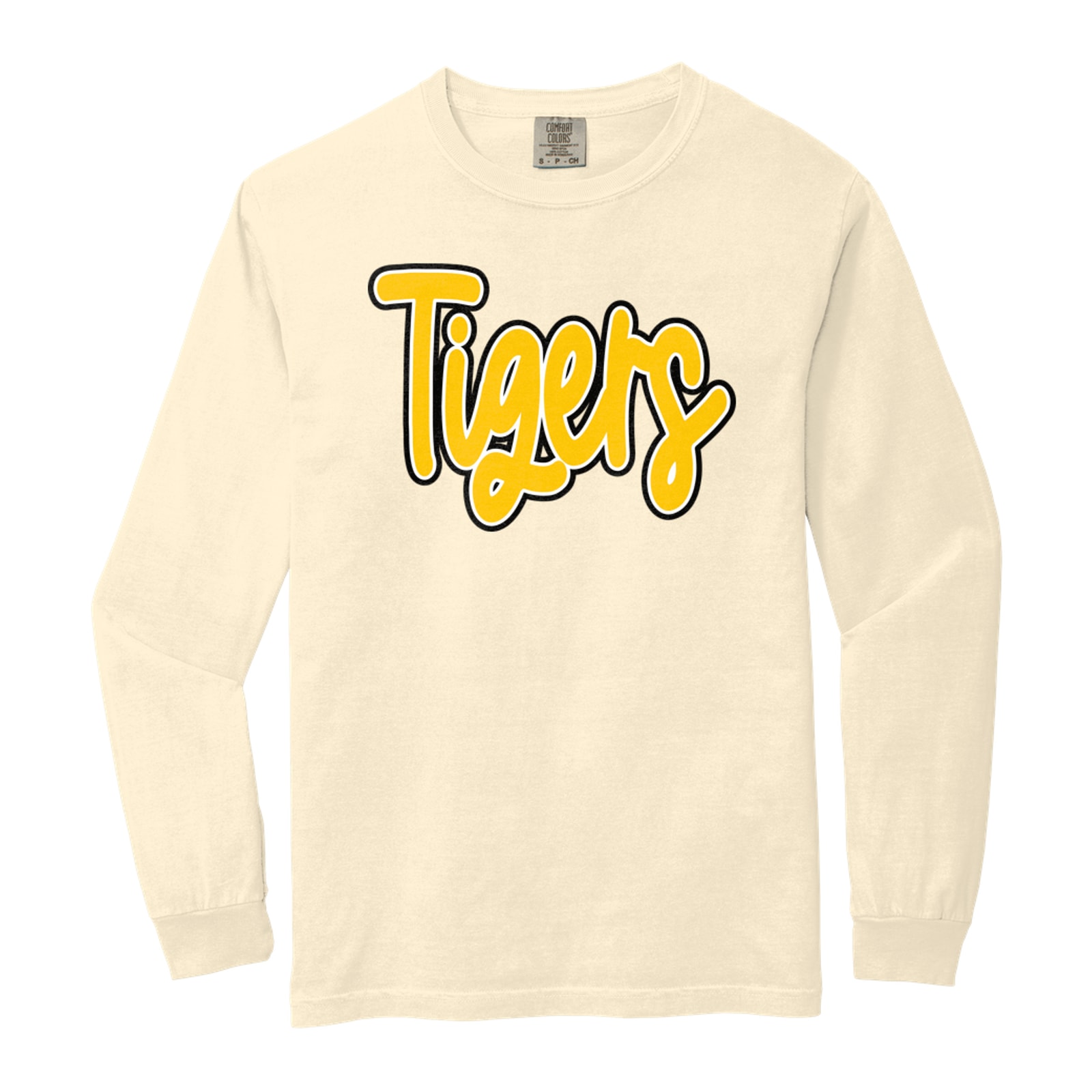 Tigers thick script gold white black Comfort Colors 6014 Long Sleeve